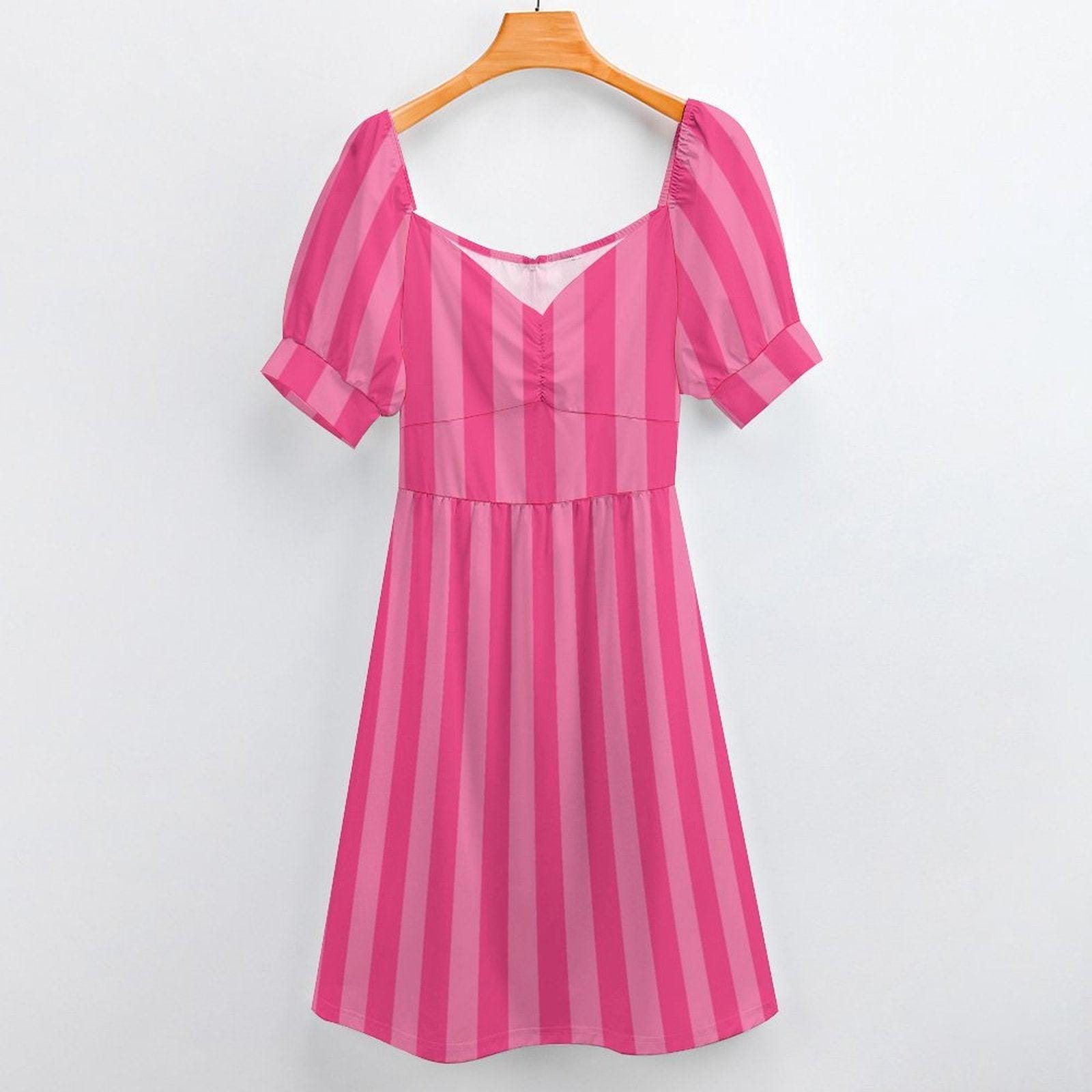 Pink stripe midi dress, puff sleeve sundress, sweetheart neckline, ruched bust, vacation brunch style
