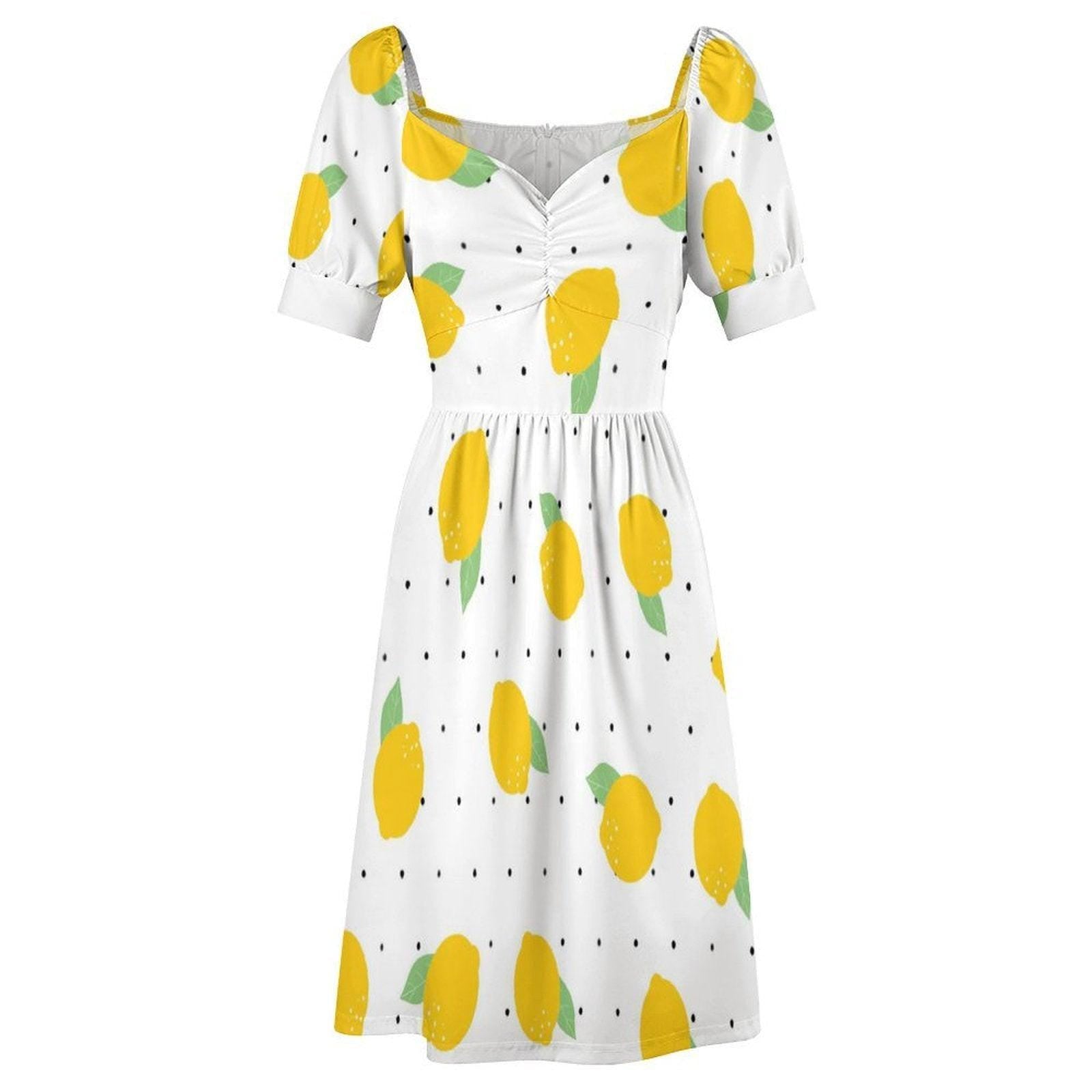 Lemon print midi dress, puff sleeve summer dress, sweetheart neckline, white citrus sundress, vacation outfit
