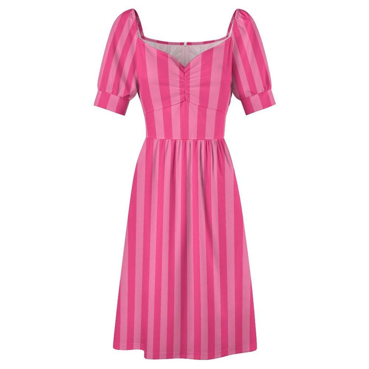 Pink stripe midi dress, puff sleeve sundress, sweetheart neckline, ruched bust, vacation brunch style