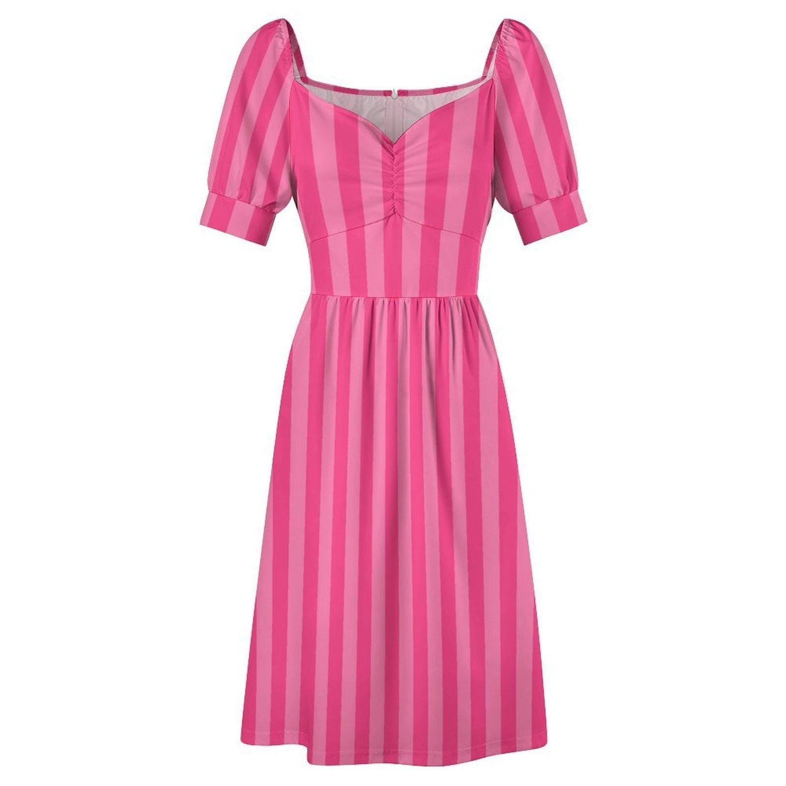 Pink stripe midi dress, puff sleeve sundress, sweetheart neckline, ruched bust, vacation brunch style