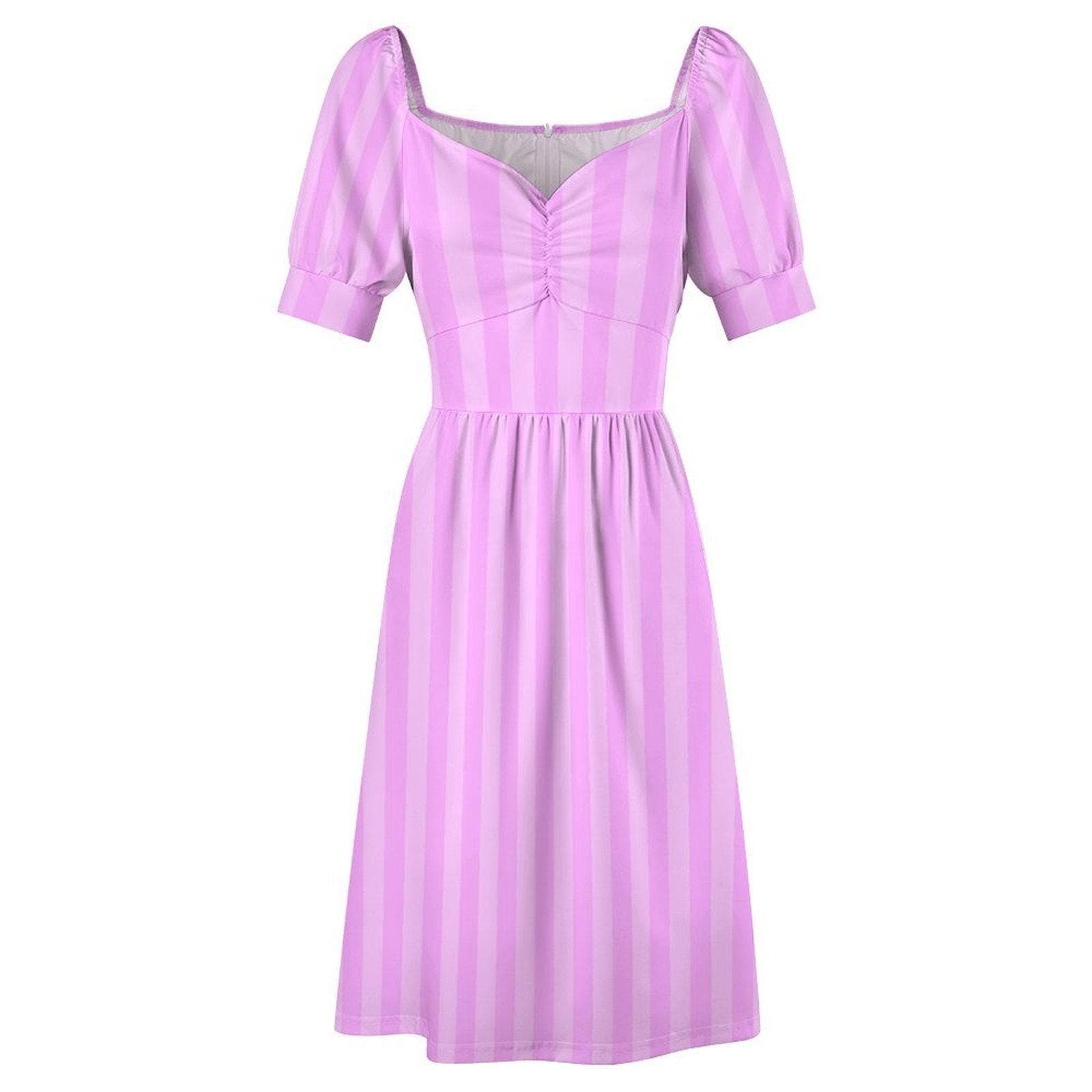 Lilac stripe midi dress, pastel purple sundress, puff sleeve tea dress, romantic sweetheart neckline, spring garden party outfit