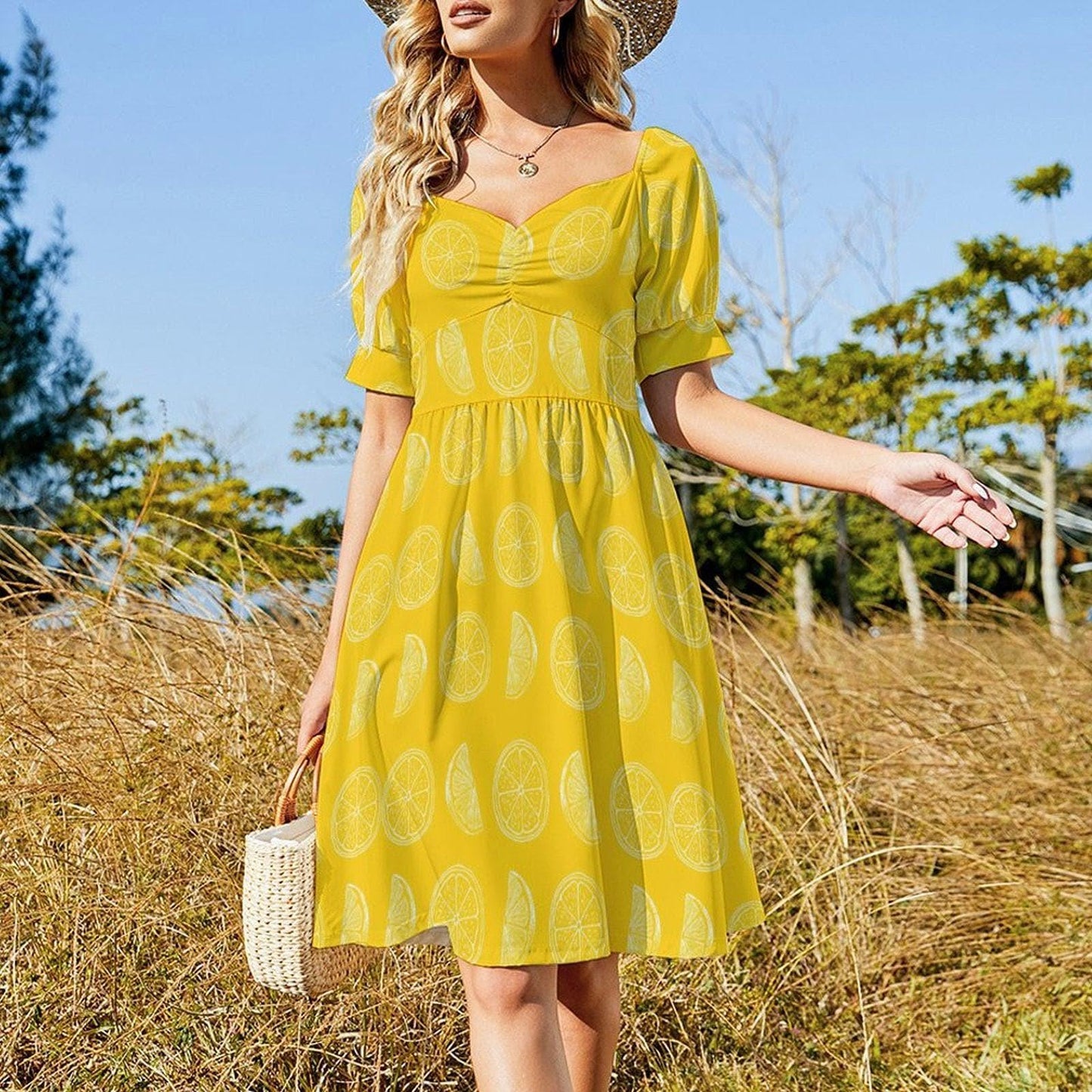 Yellow lemon slice dress, citrus print midi sundress, puff sleeve sweetheart neckline, summer picnic outfit