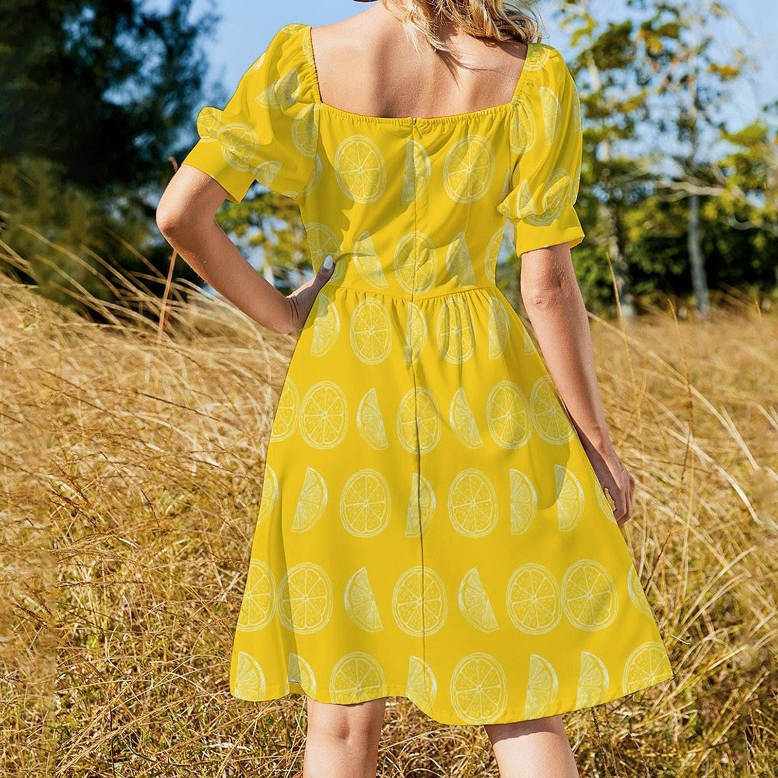 Yellow lemon slice dress, citrus print midi sundress, puff sleeve sweetheart neckline, summer picnic outfit