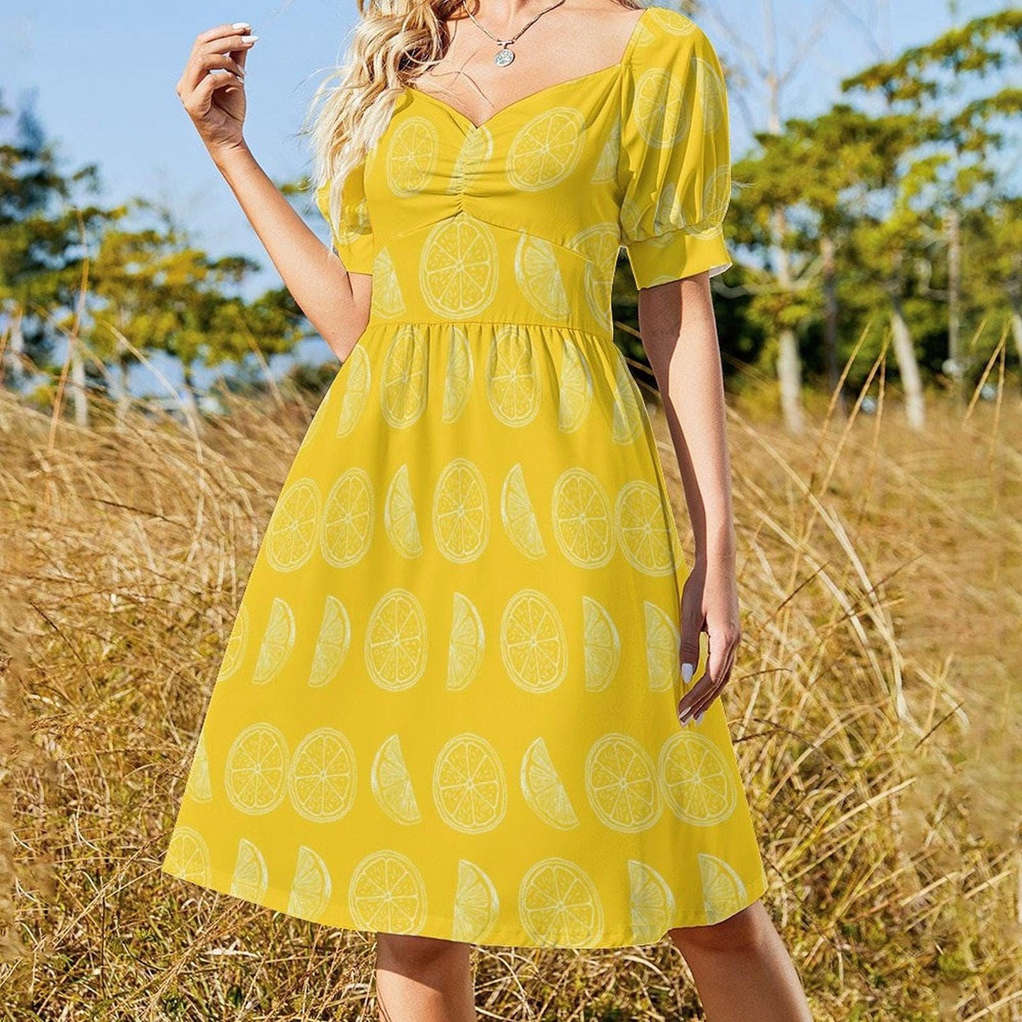 Yellow lemon slice dress, citrus print midi sundress, puff sleeve sweetheart neckline, summer picnic outfit