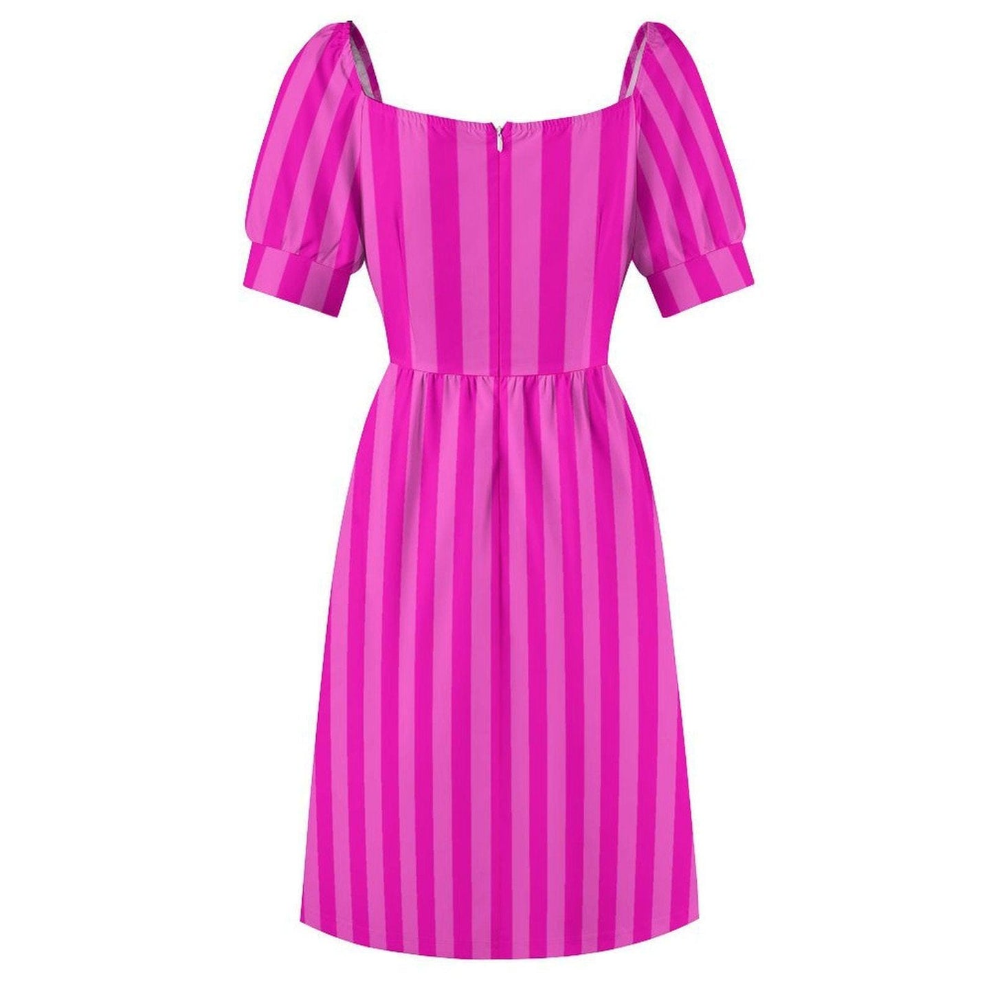 Fuchsia stripe midi dress, puff sleeve sundress, sweetheart neckline, summer brunch party outfit