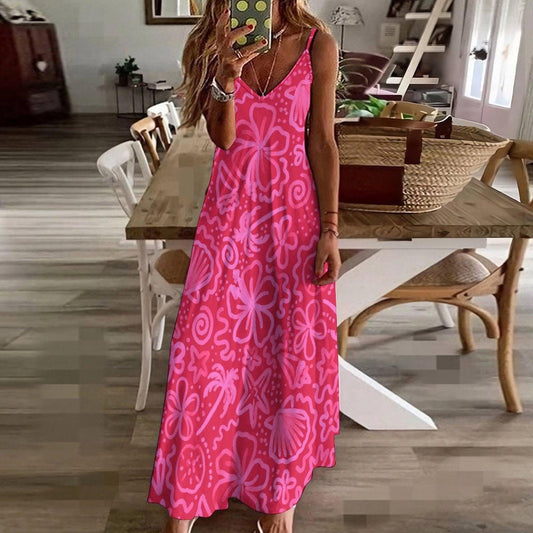 Hot Pink Tropical Maxi Dress, Y2K Floral Slip Dress, Boho Festival Beach Outfit, Summer Vacation Dress