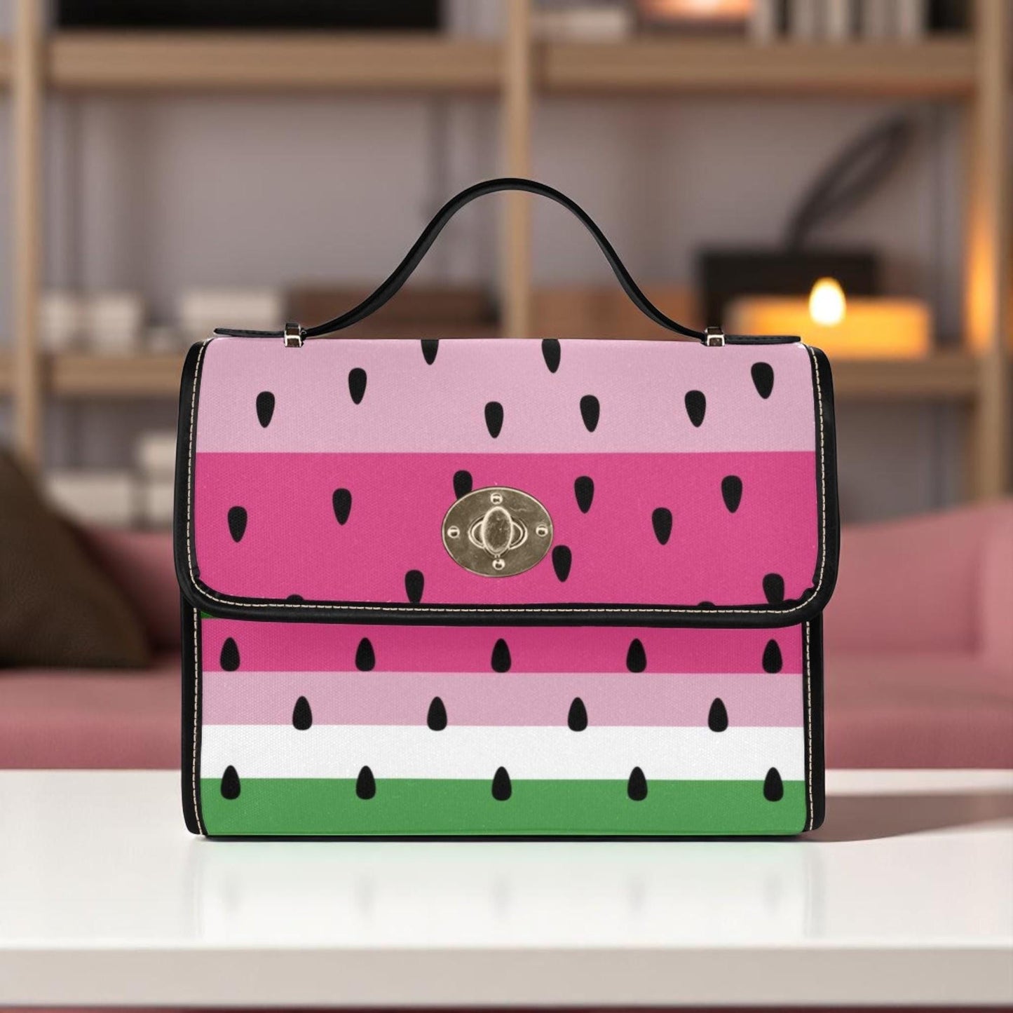 Watermelon stripe satchel purse, pink fruit print handbag, summer picnic crossbody bag, cute top handle bag
