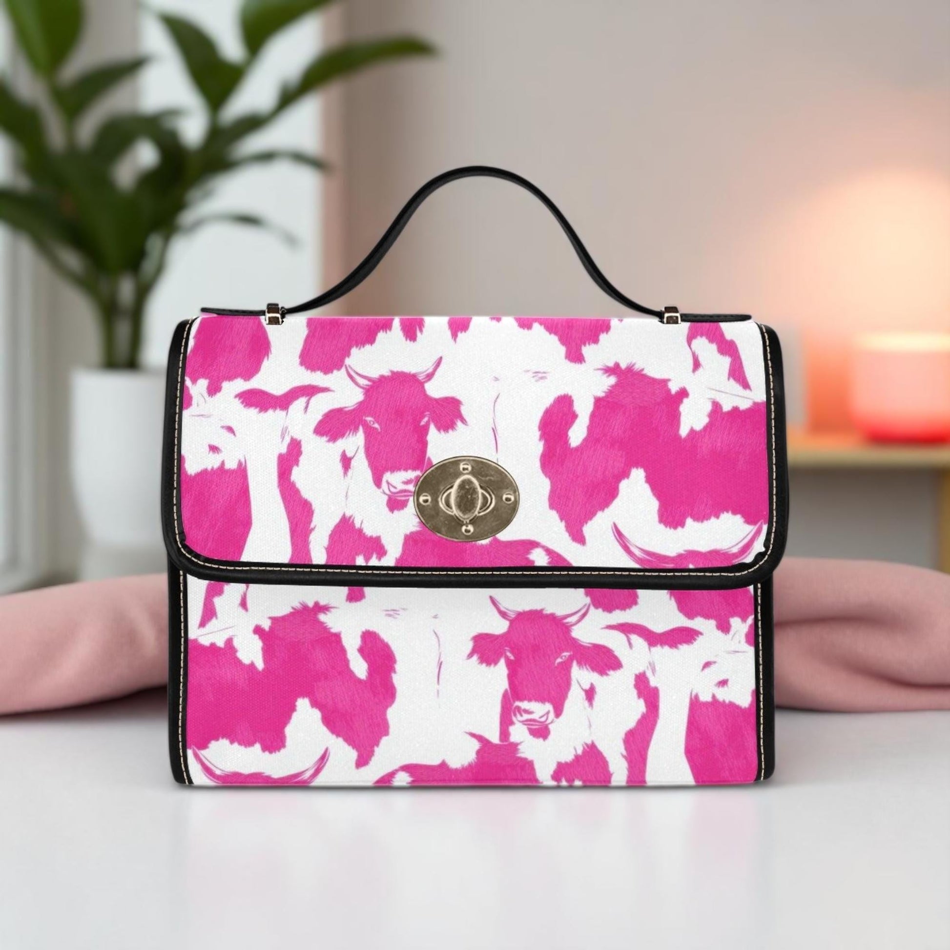 Pink Cow Print Satchel Bag, Western Top Handle Crossbody Purse for Farmcore and Y2K Style