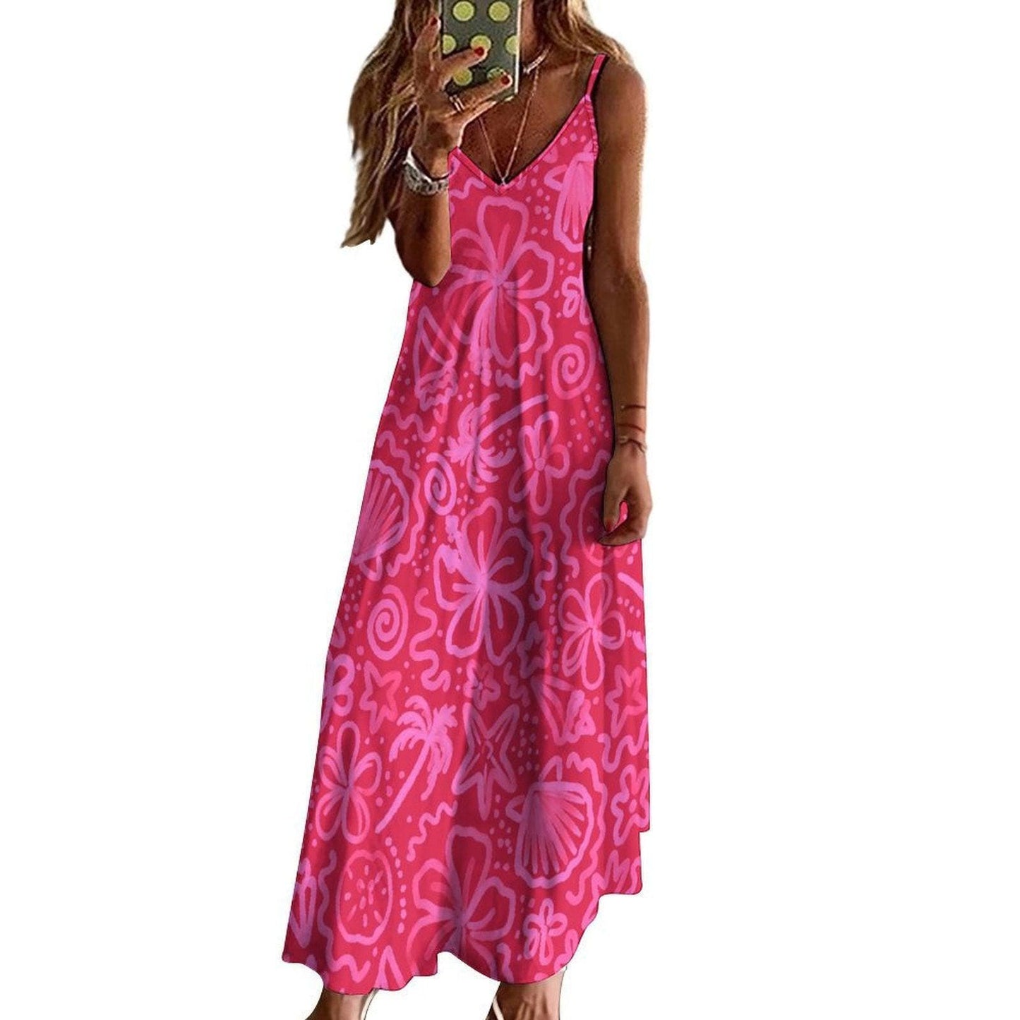 Hot Pink Tropical Maxi Dress, Y2K Floral Slip Dress, Boho Festival Beach Outfit, Summer Vacation Dress