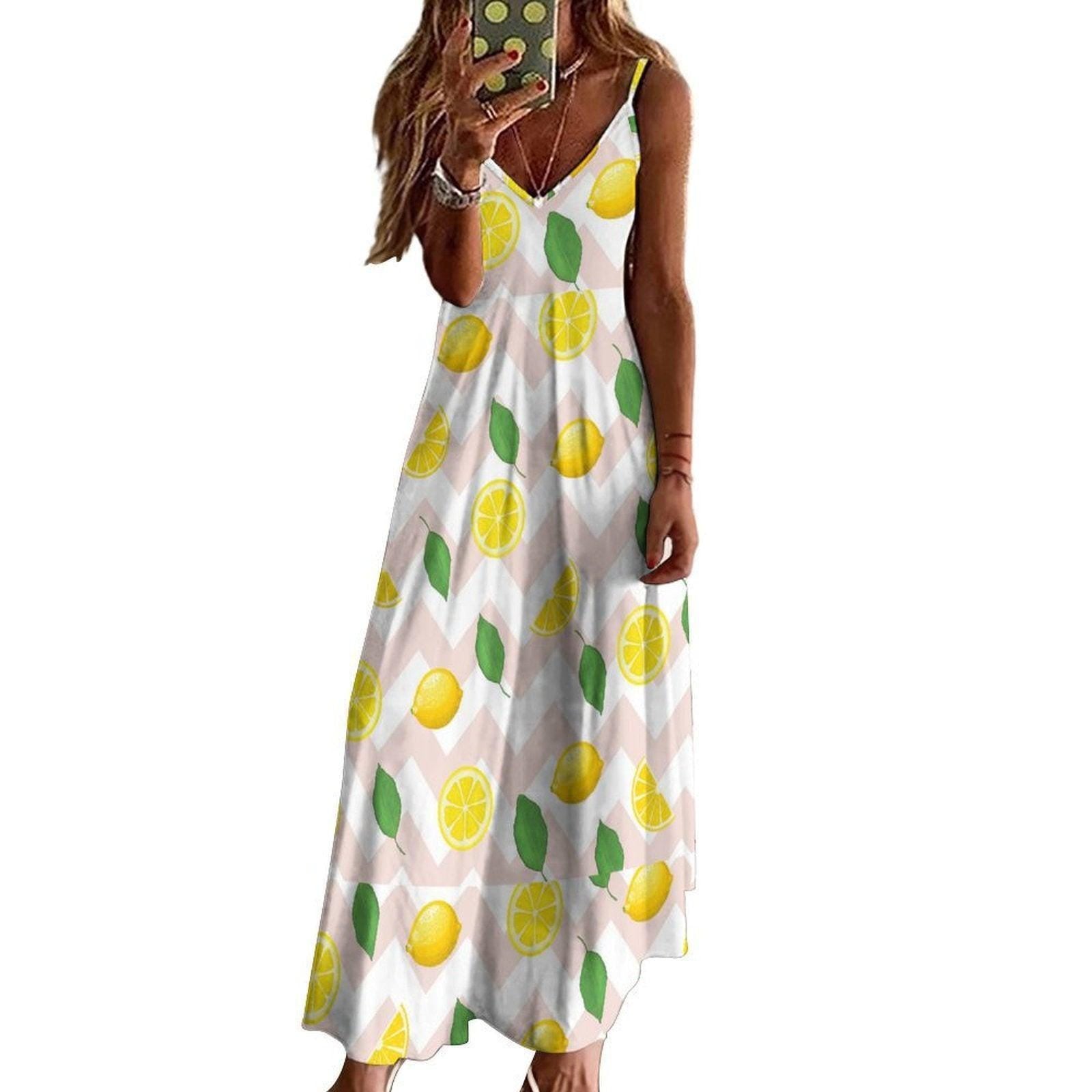 Lemon Print Maxi Dress, Cottagecore Sundress, Summer Vacation Outfit, Chevon Fruit Pattern, Soft Girl Style
