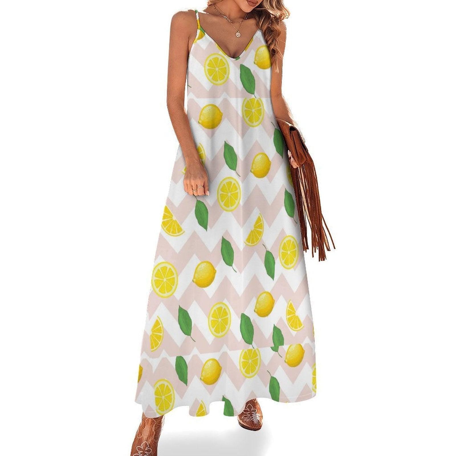Lemon Print Maxi Dress, Cottagecore Sundress, Summer Vacation Outfit, Chevon Fruit Pattern, Soft Girl Style