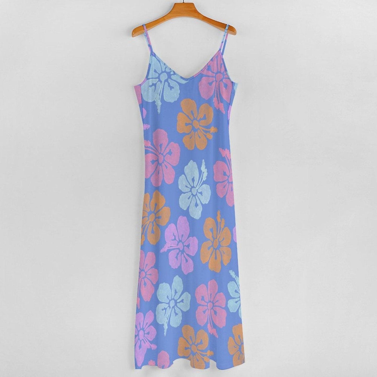 Pastel Hibiscus Maxi Dress, Blue Tropical Floral Sundress, Boho Vacation Beach Dress