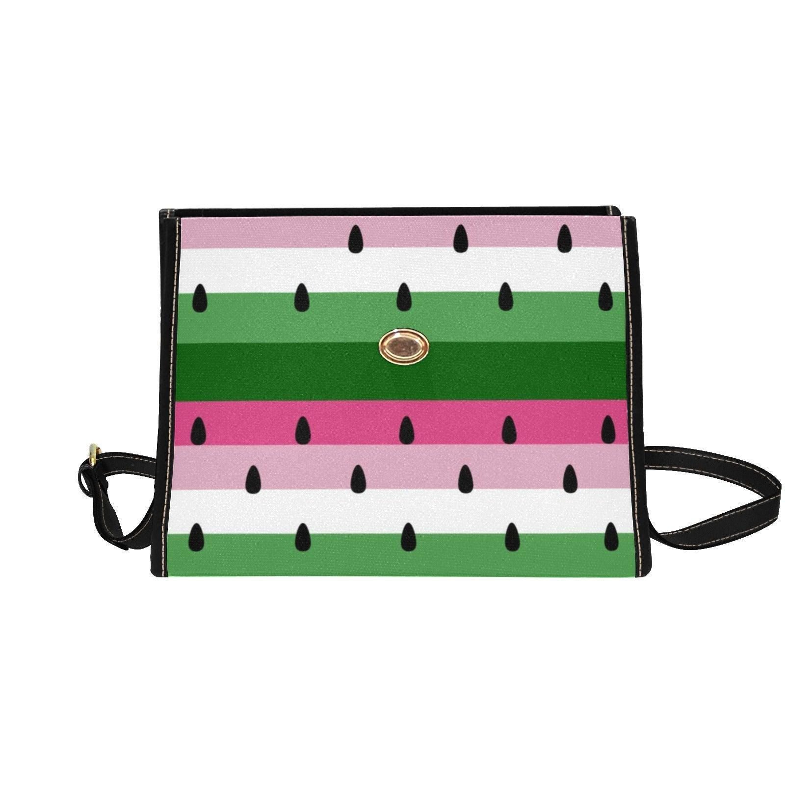 Watermelon stripe satchel purse, pink fruit print handbag, summer picnic crossbody bag, cute top handle bag