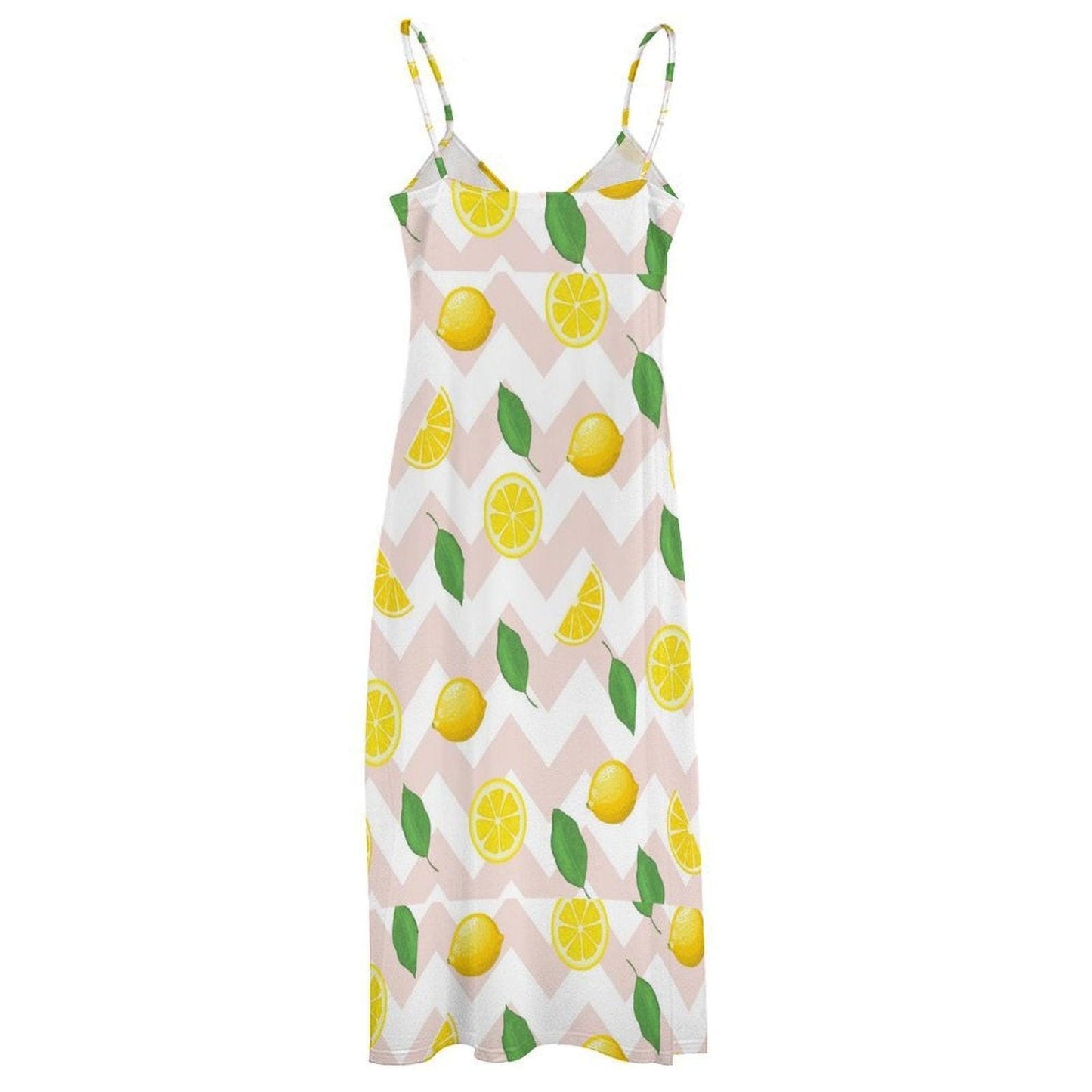 Lemon Print Maxi Dress, Cottagecore Sundress, Summer Vacation Outfit, Chevon Fruit Pattern, Soft Girl Style