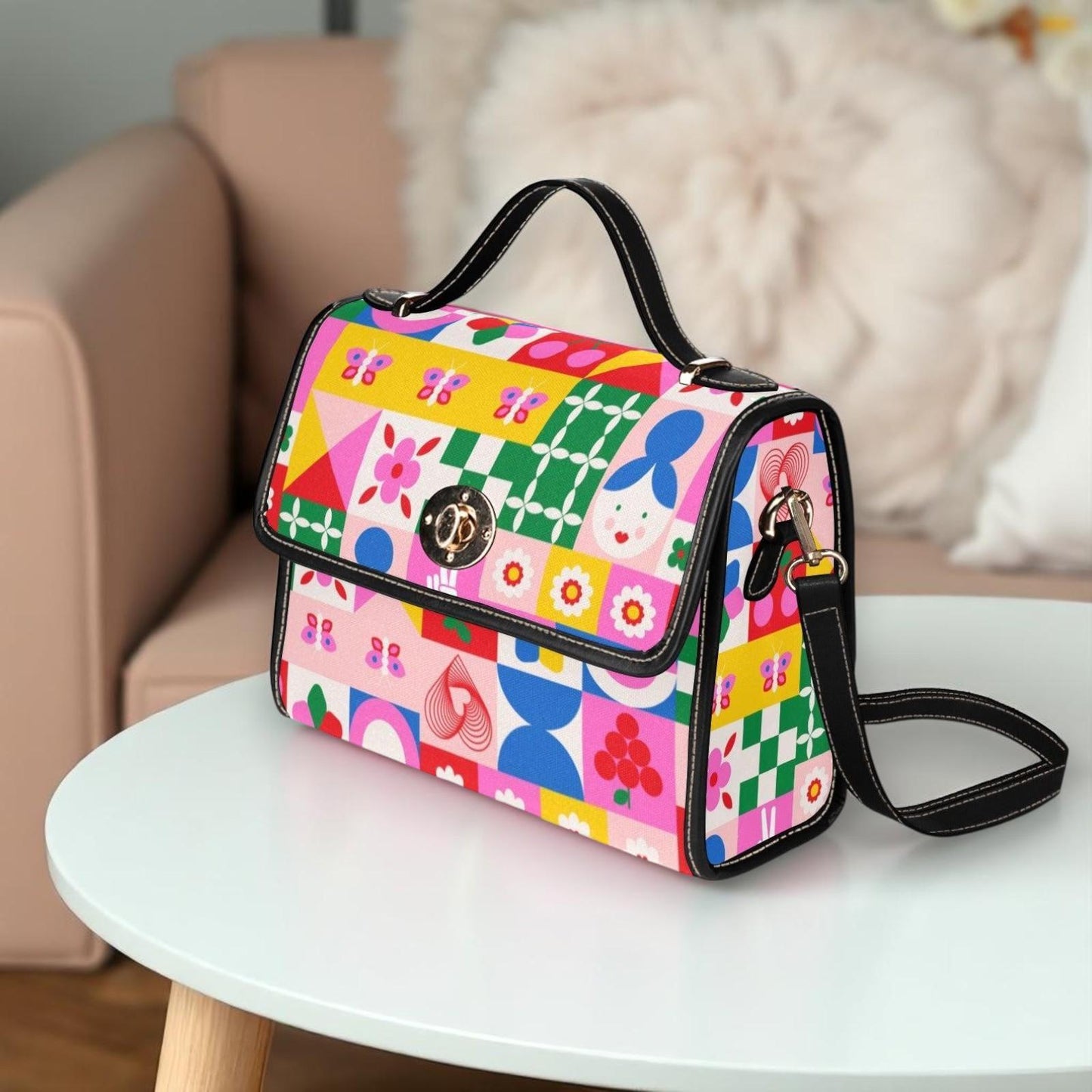 Colorful patchwork satchel purse, cute icon handbag, retro pop art crossbody bag, playful top handle purse