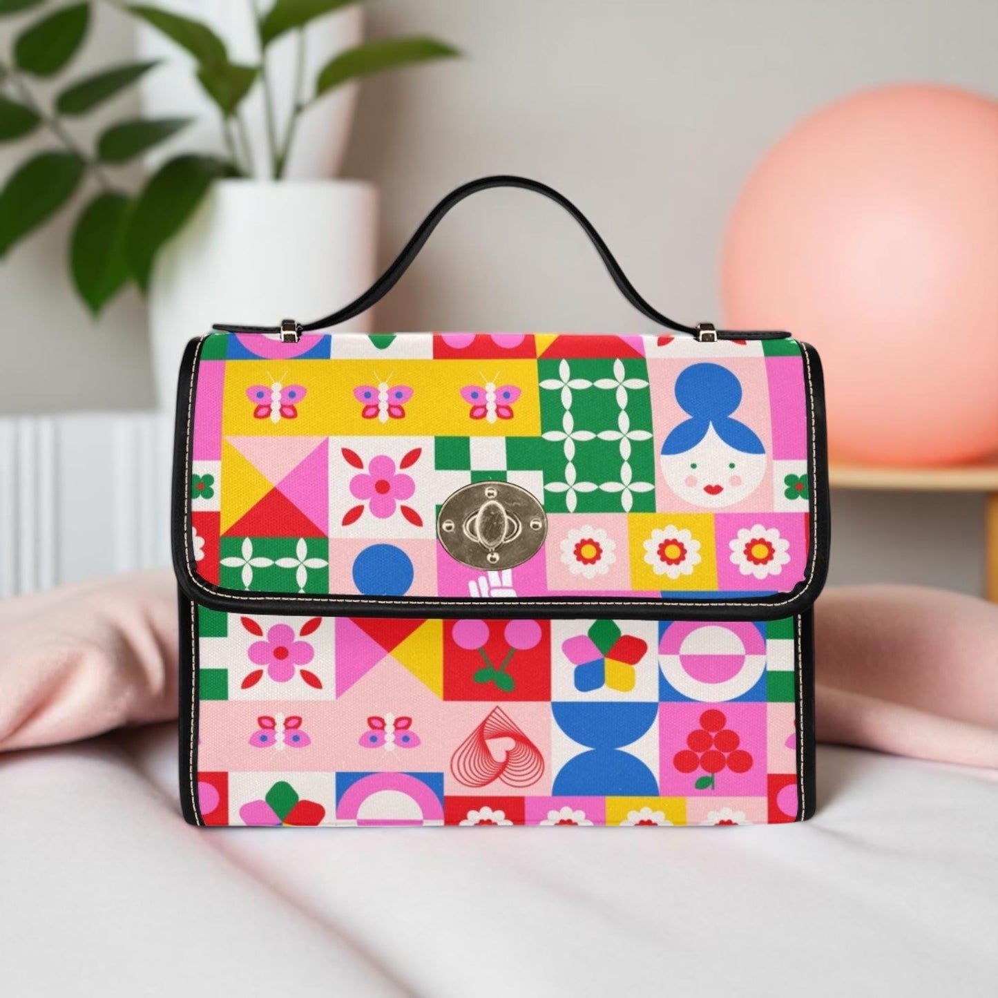 Colorful patchwork satchel purse, cute icon handbag, retro pop art crossbody bag, playful top handle purse