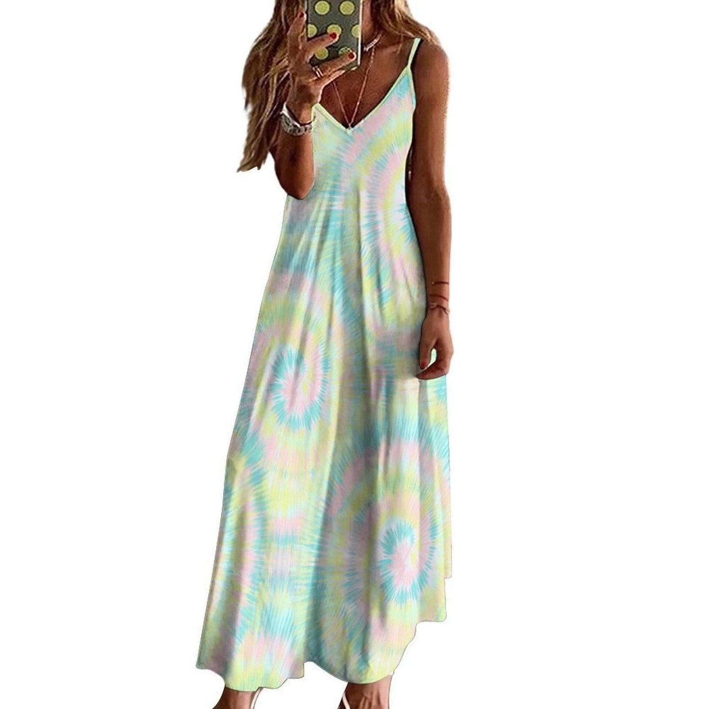 Pastel Tie Dye Maxi Dress, Boho Summer Sundress, Festival and Beach Vacation Outfit