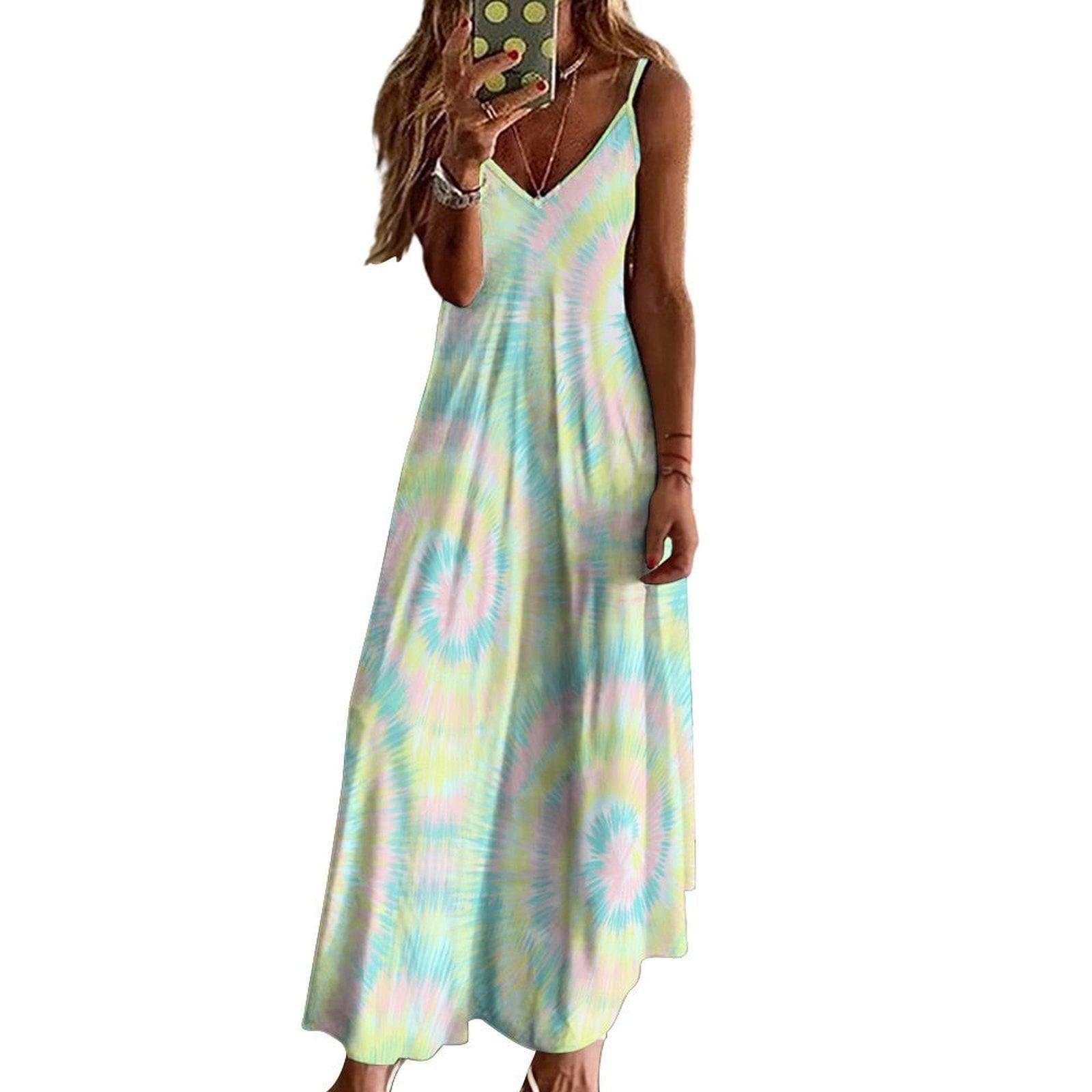 Pastel Tie Dye Maxi Dress, Boho Summer Sundress, Festival and Beach Vacation Outfit