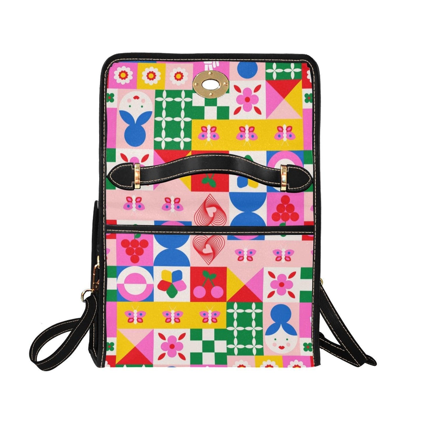 Colorful patchwork satchel purse, cute icon handbag, retro pop art crossbody bag, playful top handle purse