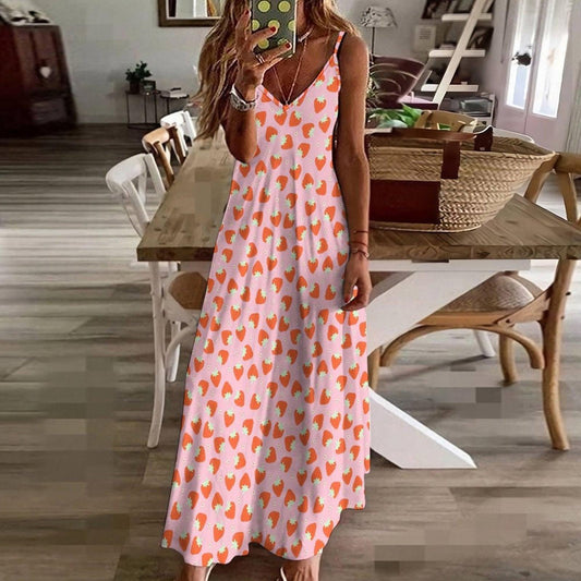 Pink Strawberry Maxi Dress, Cottagecore Fruit Print, Soft Girl Summer Slip, Kawaii Cute Pink Dress