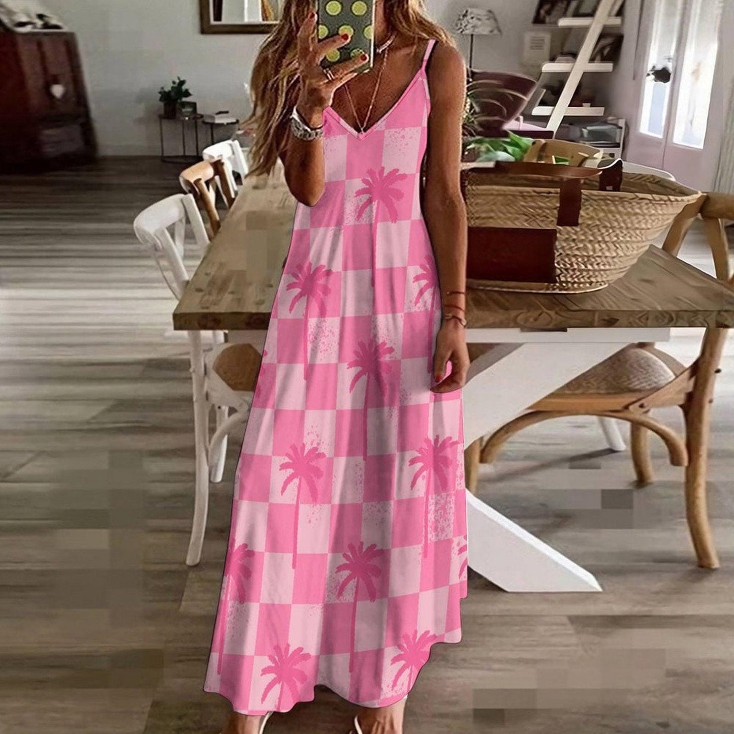 Pink Palm Tree Maxi Dress, Checkered Summer Slip Dress, Dopamine Vacation Outfit, Y2K Beach Dress for Girls, Funky Lightweight Festival Look