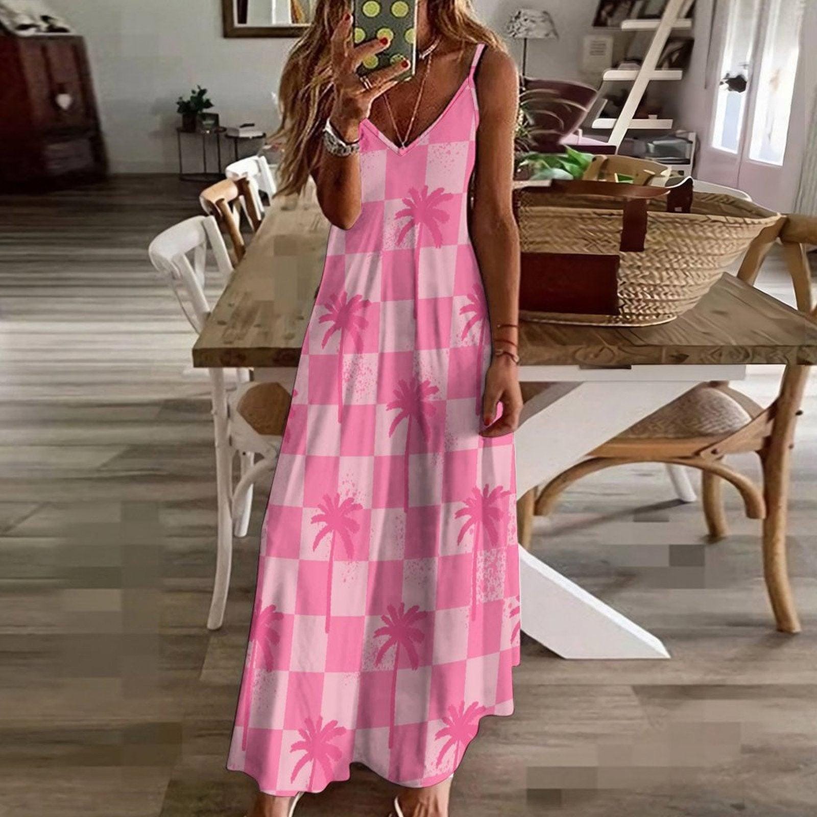 Pink Palm Tree Maxi Dress, Checkered Summer Slip Dress, Dopamine Vacation Outfit, Y2K Beach Dress for Girls, Funky Lightweight Festival Look
