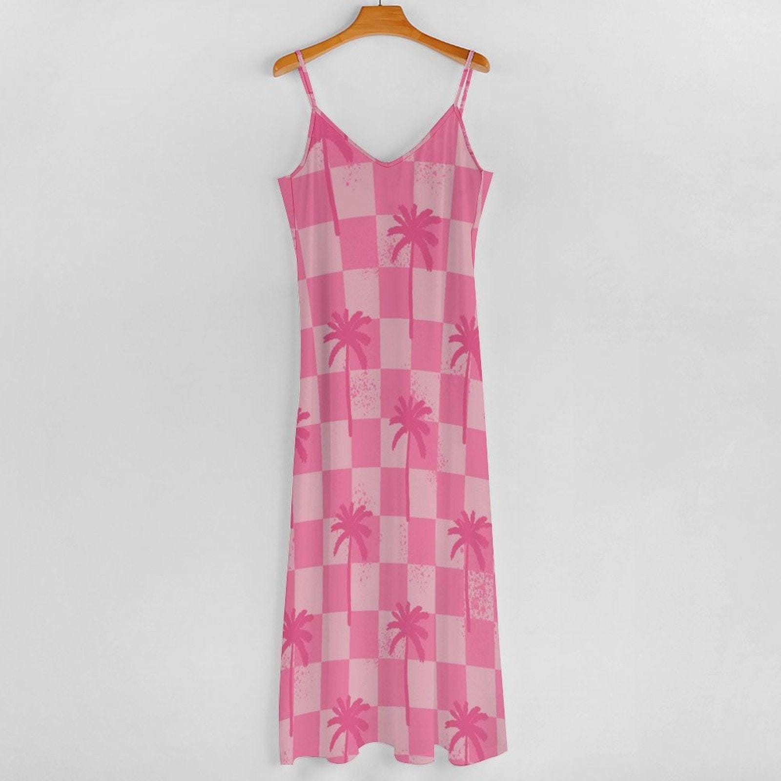 Pink Palm Tree Maxi Dress, Checkered Summer Slip Dress, Dopamine Vacation Outfit, Y2K Beach Dress for Girls, Funky Lightweight Festival Look