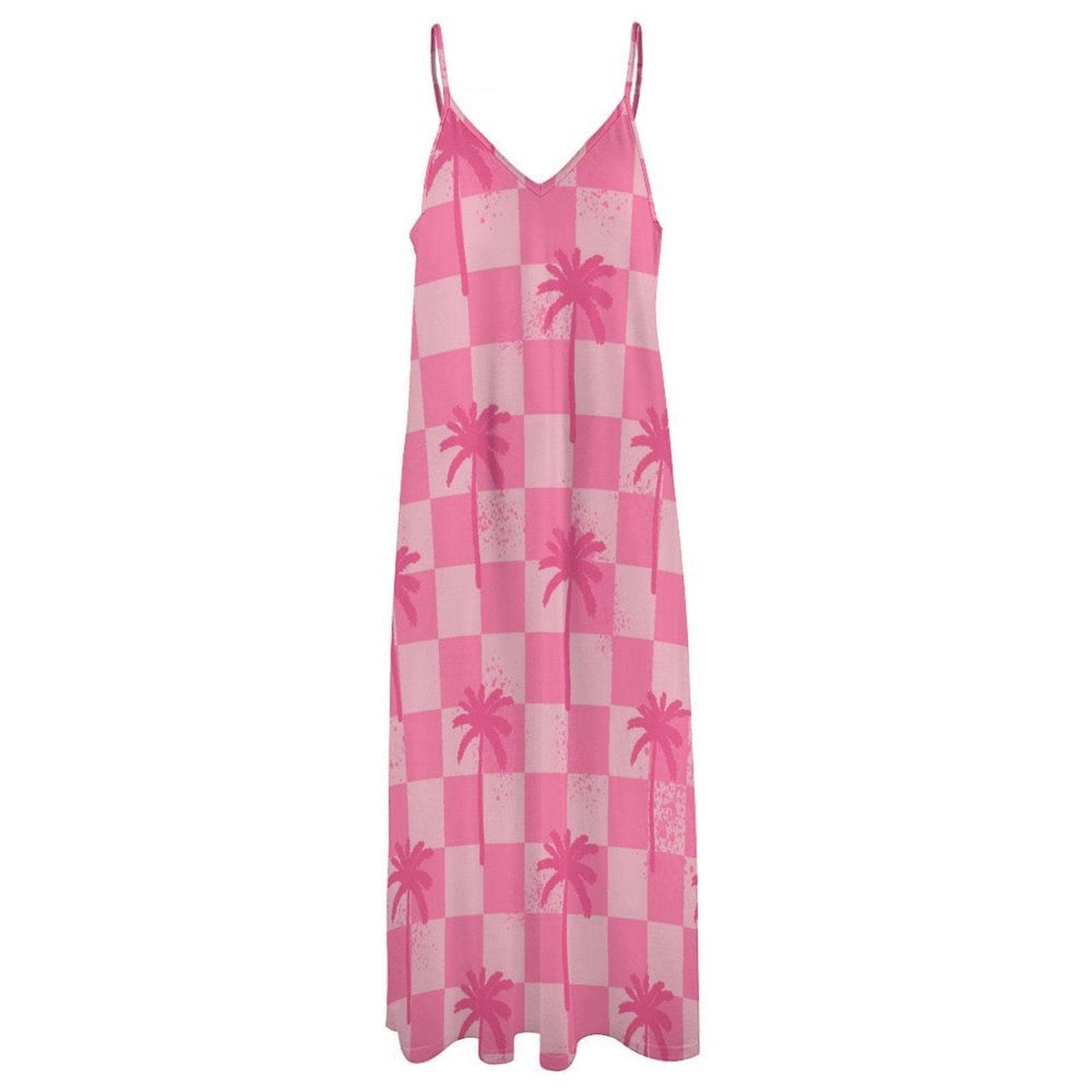 Pink Palm Tree Maxi Dress, Checkered Summer Slip Dress, Dopamine Vacation Outfit, Y2K Beach Dress for Girls, Funky Lightweight Festival Look