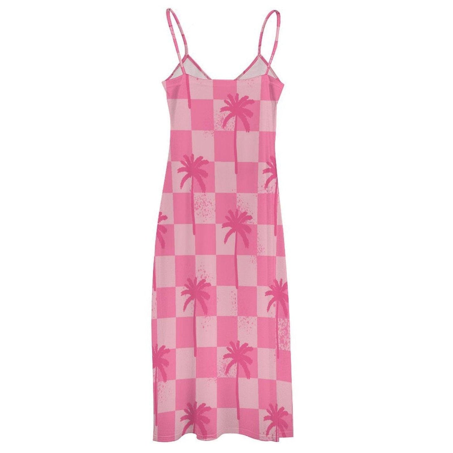 Pink Palm Tree Maxi Dress, Checkered Summer Slip Dress, Dopamine Vacation Outfit, Y2K Beach Dress for Girls, Funky Lightweight Festival Look