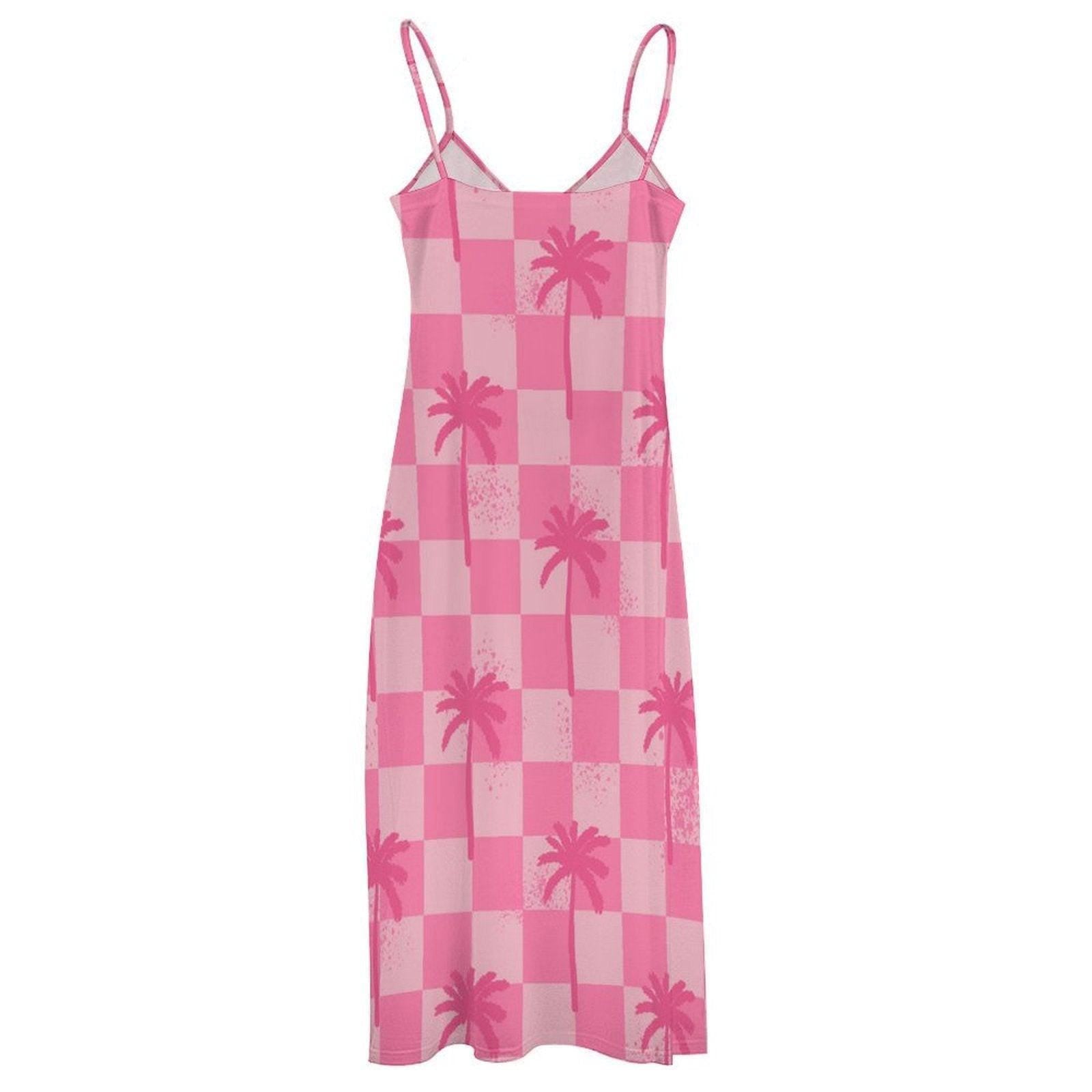 Pink Palm Tree Maxi Dress, Checkered Summer Slip Dress, Dopamine Vacation Outfit, Y2K Beach Dress for Girls, Funky Lightweight Festival Look