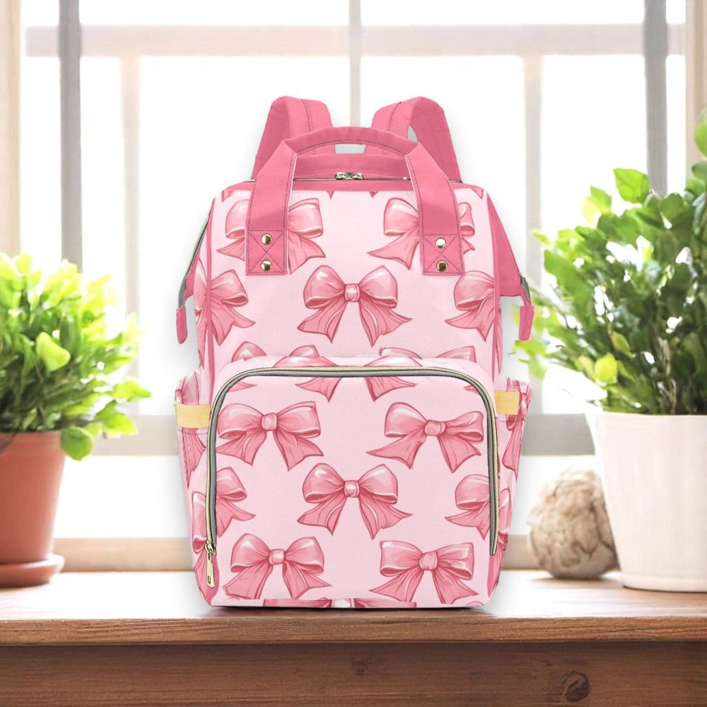 Pink Bow Diaper Backpack, Nylon Mom Bag, Kawaii Style, Aesthetic Travel Baby Bag, Gift for Her