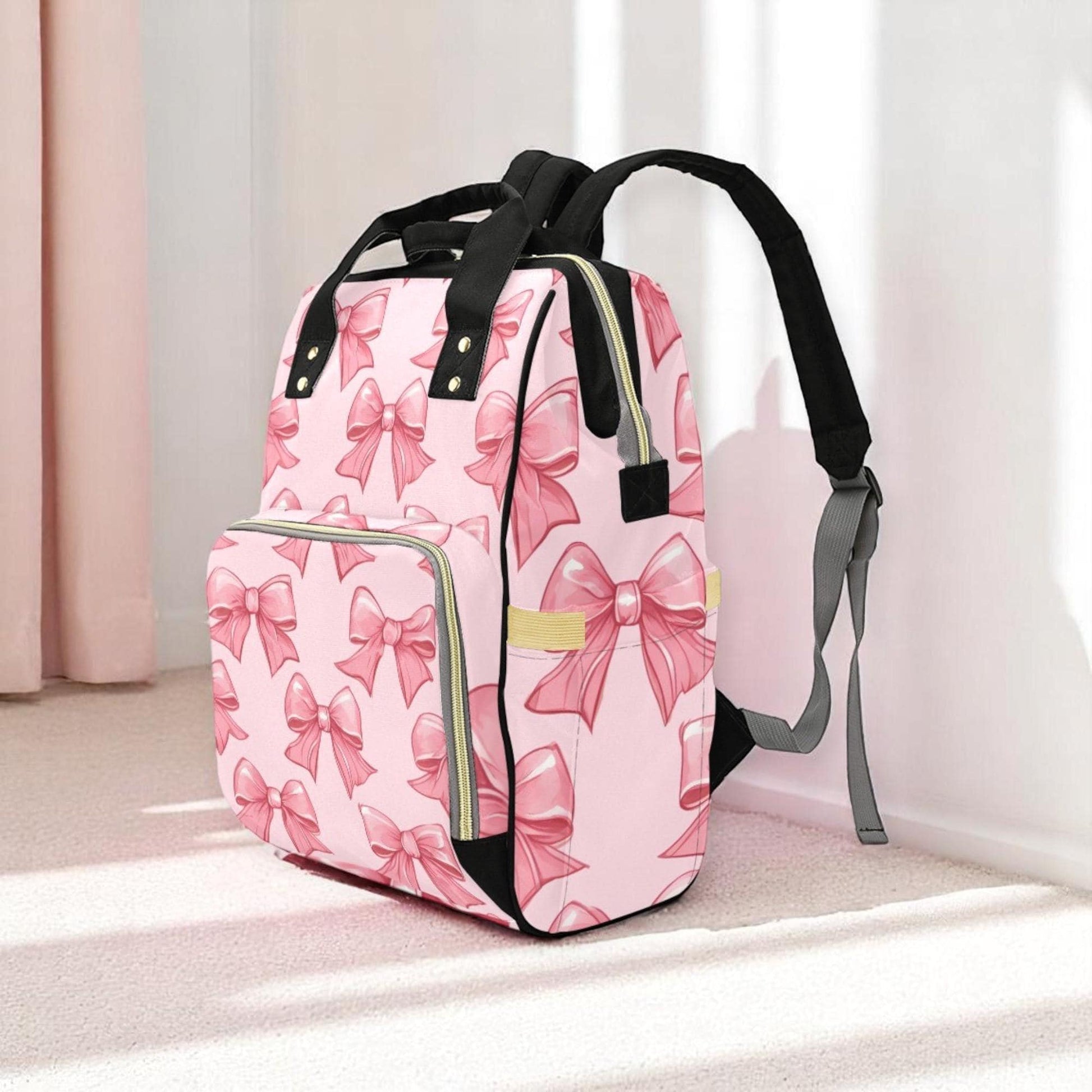 Pink Bow Print Diaper Bag, Kawaii Nylon Backpack