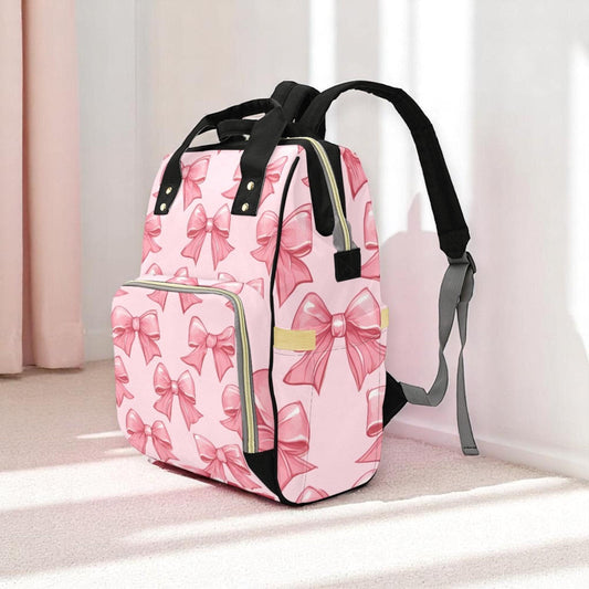 Pink Bow Print Diaper Bag, Kawaii Nylon Backpack