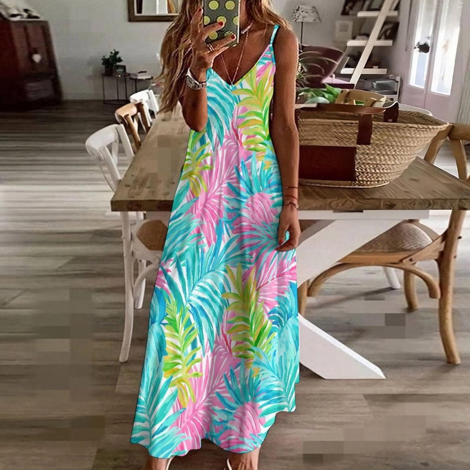 Tropical Palm Leaf Maxi Dress, Rainbow Summer Vacation Dress, Y2K Resort Beachwear Outfit, Colorful Island Sundress, Bright Coastal Style