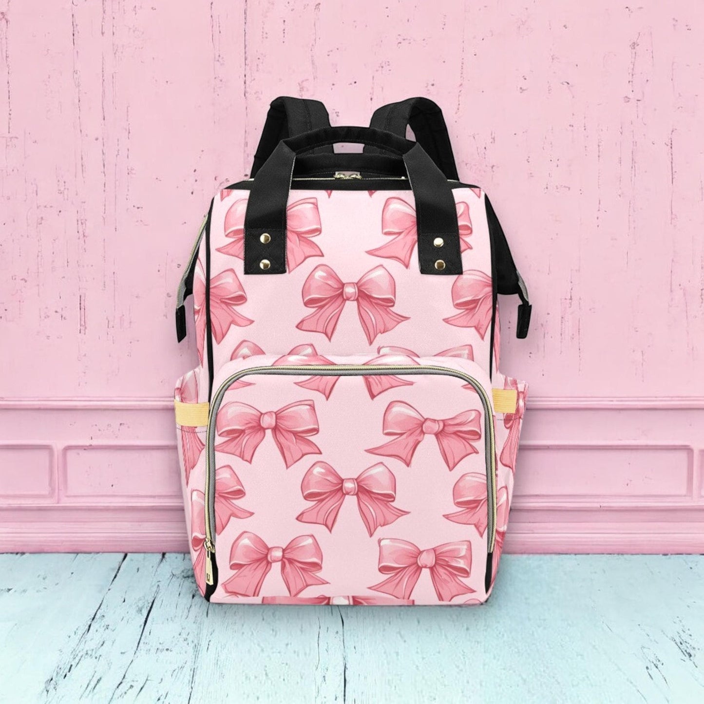 Pink Bow Print Diaper Bag, Kawaii Nylon Backpack