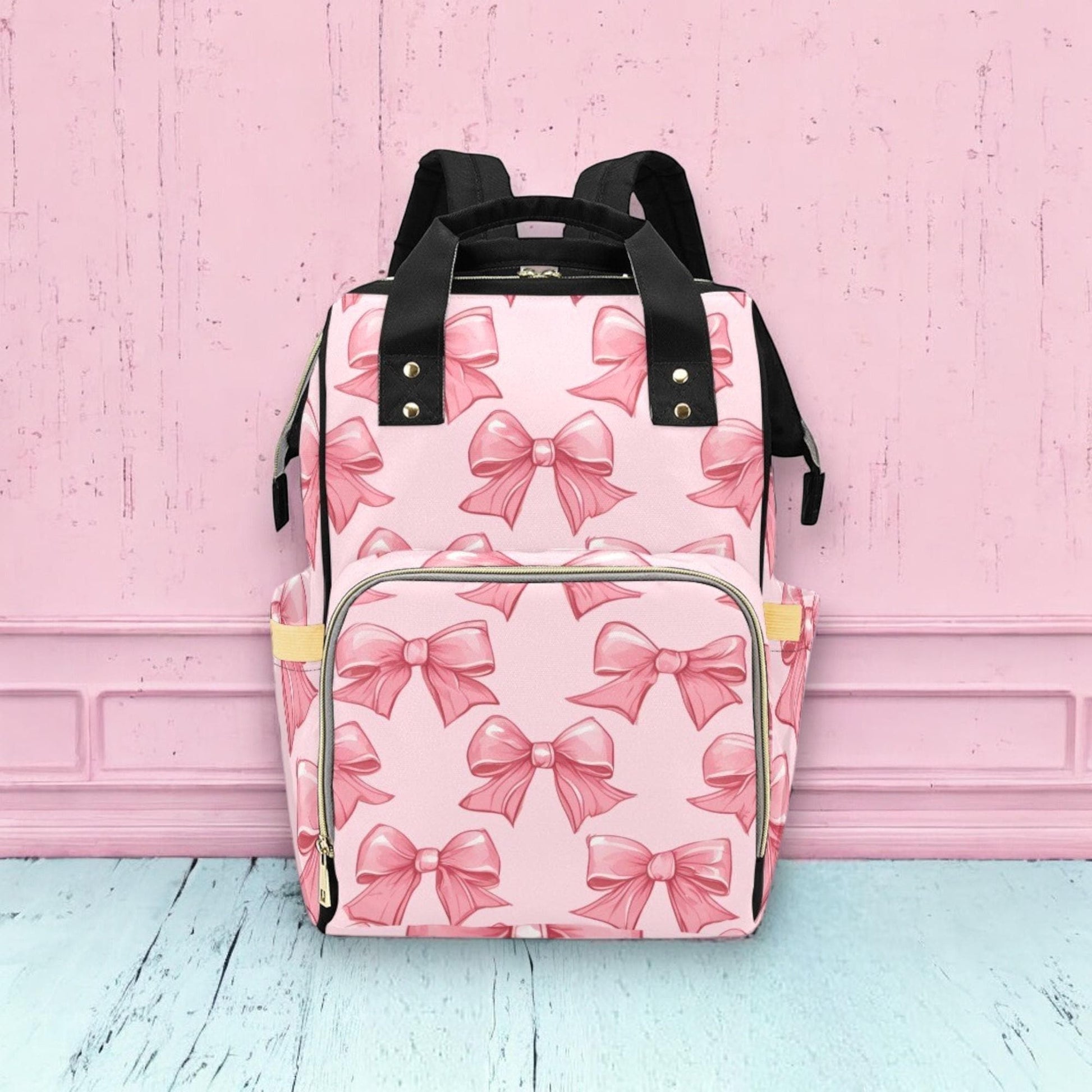 Pink Bow Print Diaper Bag, Kawaii Nylon Backpack