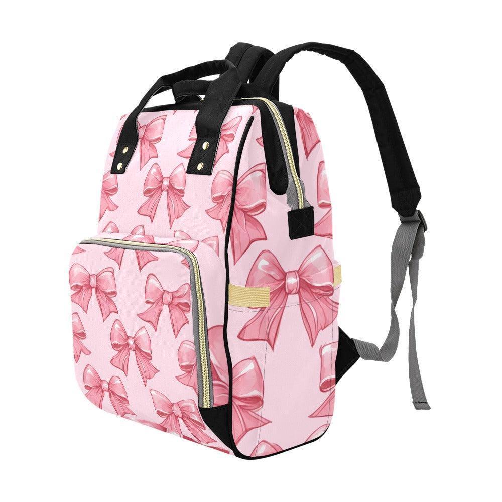 Pink Bow Print Diaper Bag, Kawaii Nylon Backpack