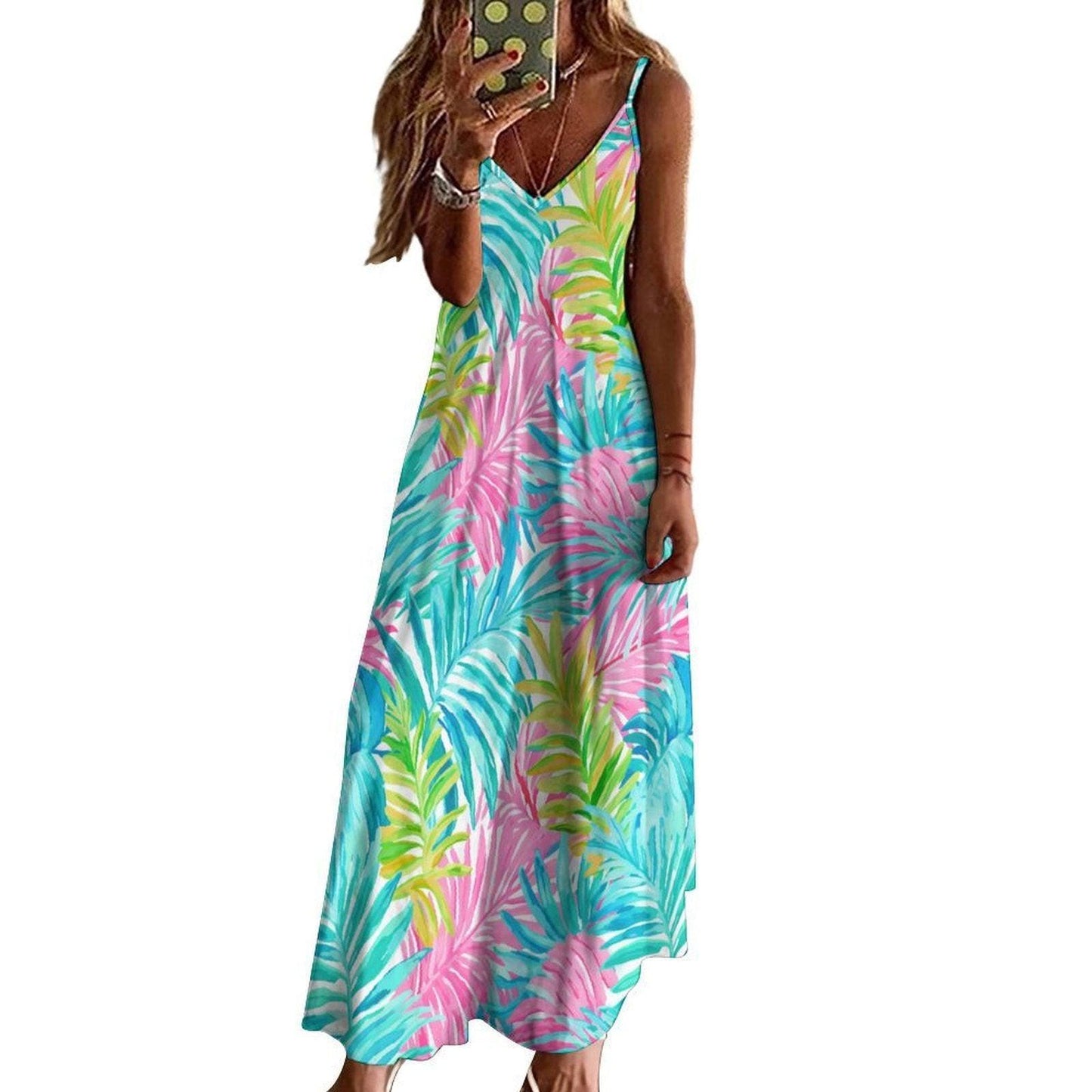 Tropical Palm Leaf Maxi Dress, Rainbow Summer Vacation Dress, Y2K Resort Beachwear Outfit, Colorful Island Sundress, Bright Coastal Style