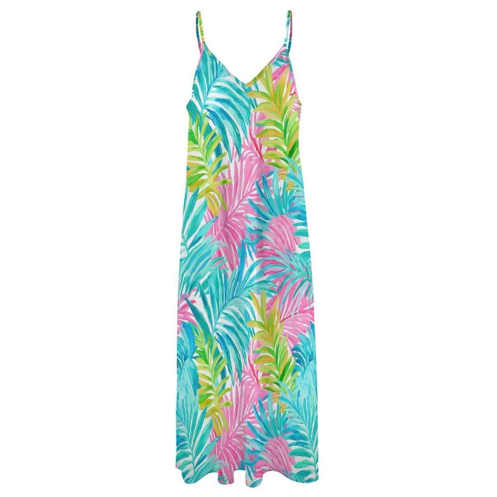 Tropical Palm Leaf Maxi Dress, Rainbow Summer Vacation Dress, Y2K Resort Beachwear Outfit, Colorful Island Sundress, Bright Coastal Style