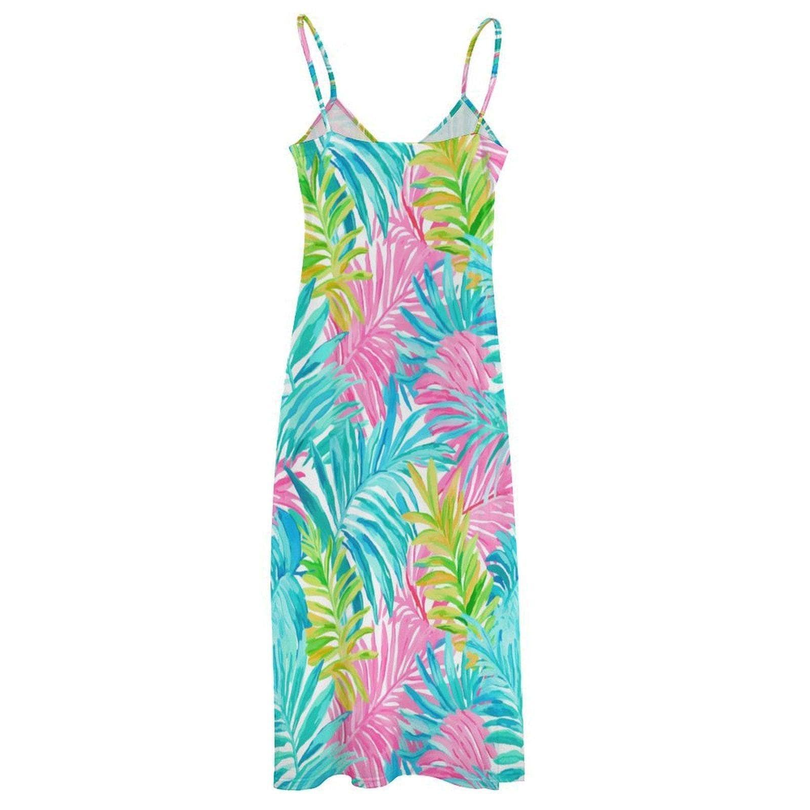 Tropical Palm Leaf Maxi Dress, Rainbow Summer Vacation Dress, Y2K Resort Beachwear Outfit, Colorful Island Sundress, Bright Coastal Style