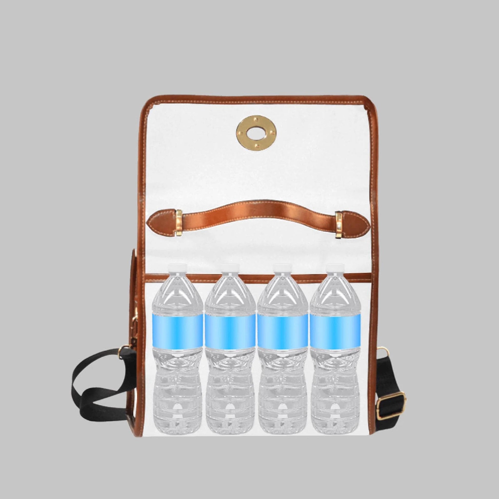 a bag with six water bottles in it