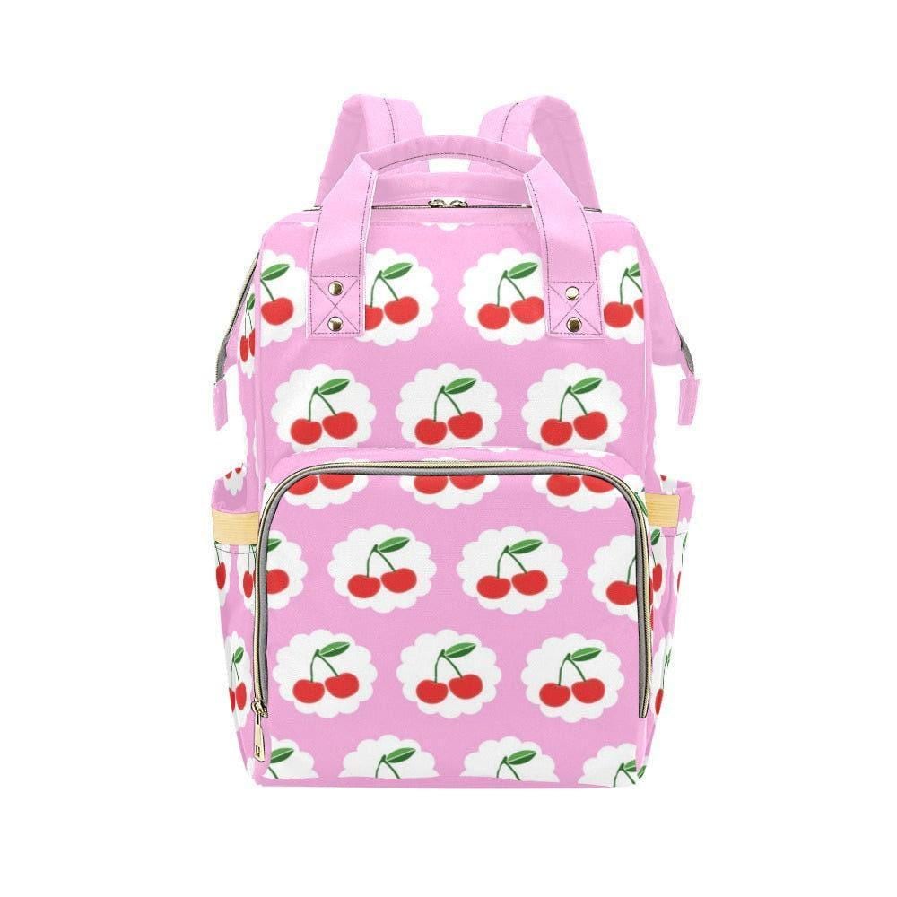 Cherry Backpack, Pink Retro Diaper Bag with Fruitcore Print and Aesthetic Design