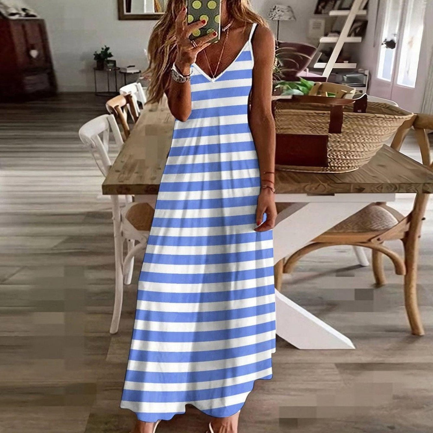 Blue Stripe Maxi Dress, Coastal Granddaughter Summer Look, French Girl Style Slip Dress, Nautical Vibes Cottagecore Outfit, Seaside Dress
