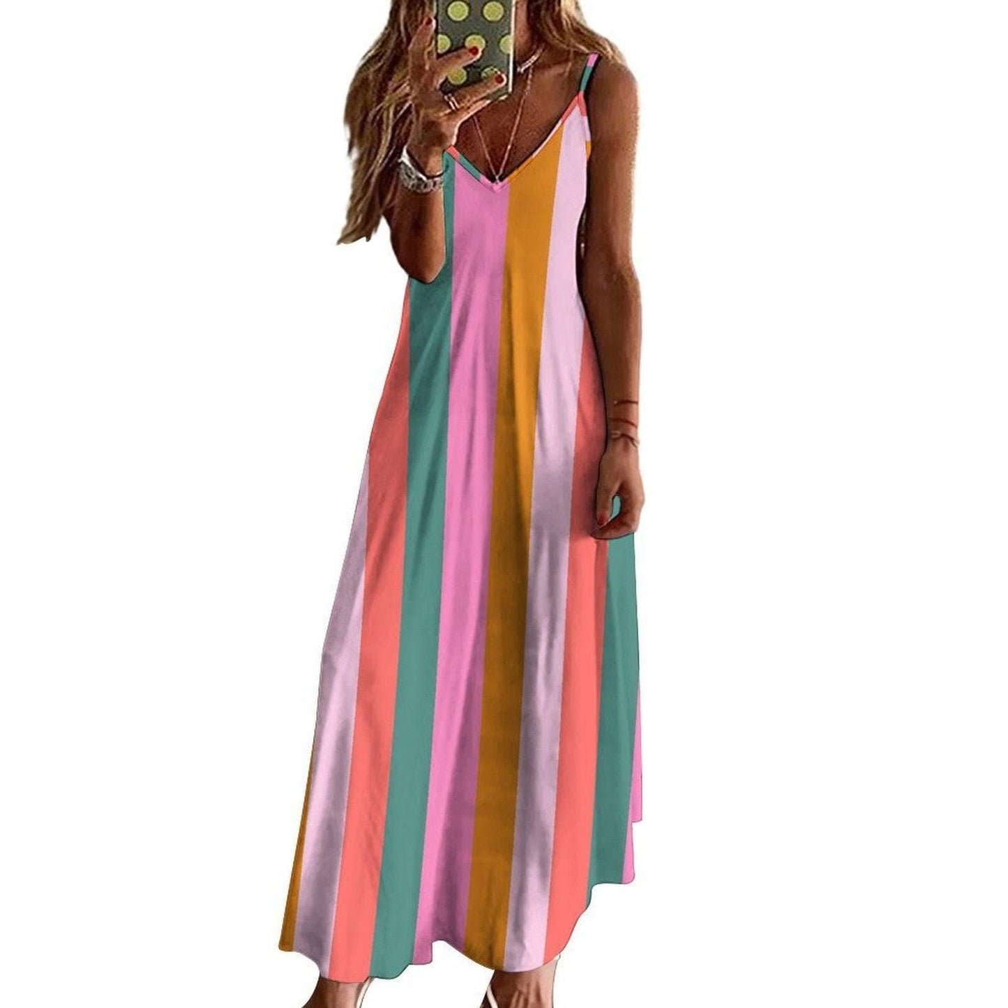 Pastel striped dress, dopamine rainbow look, pink aesthetic outfit, retro sundress for dopamine dressing, colorful cottage picnic wear
