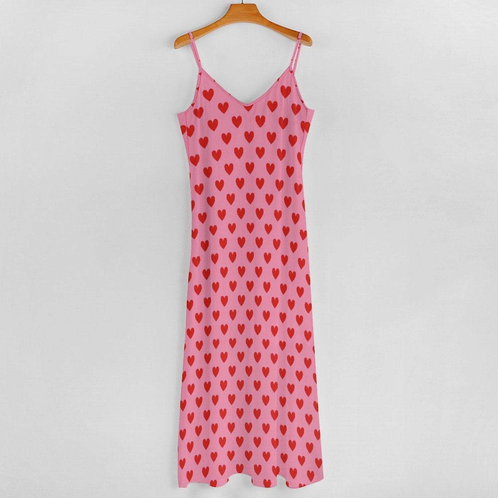 Pink Heart Maxi Dress, Soft Girl Valentine's Outfit, Y2K Cottagecore Summer Slip Dress, Pastel Aesthetic Date Night Look, Kawaii Picnic Fit