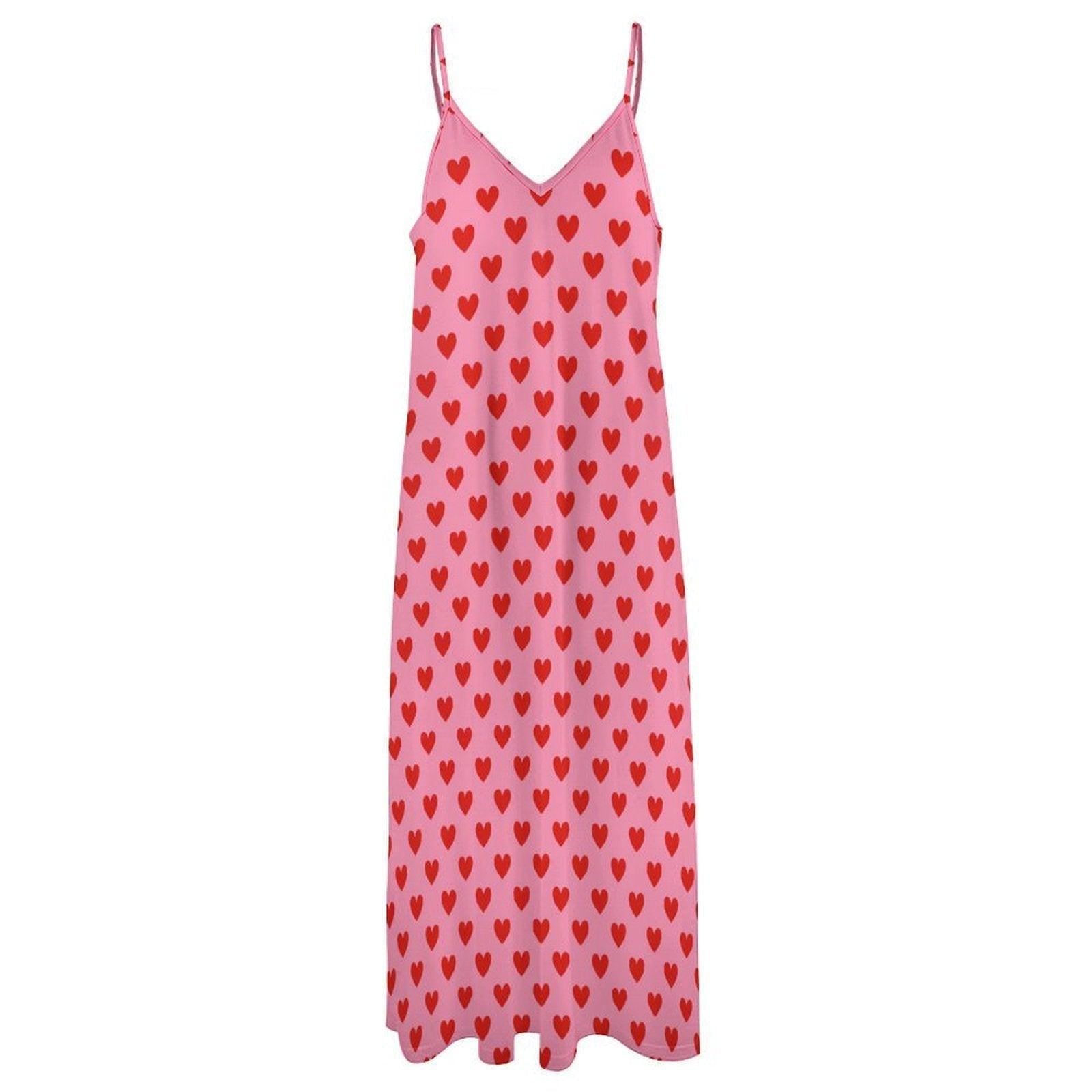Pink Heart Maxi Dress, Soft Girl Valentine's Outfit, Y2K Cottagecore Summer Slip Dress, Pastel Aesthetic Date Night Look, Kawaii Picnic Fit