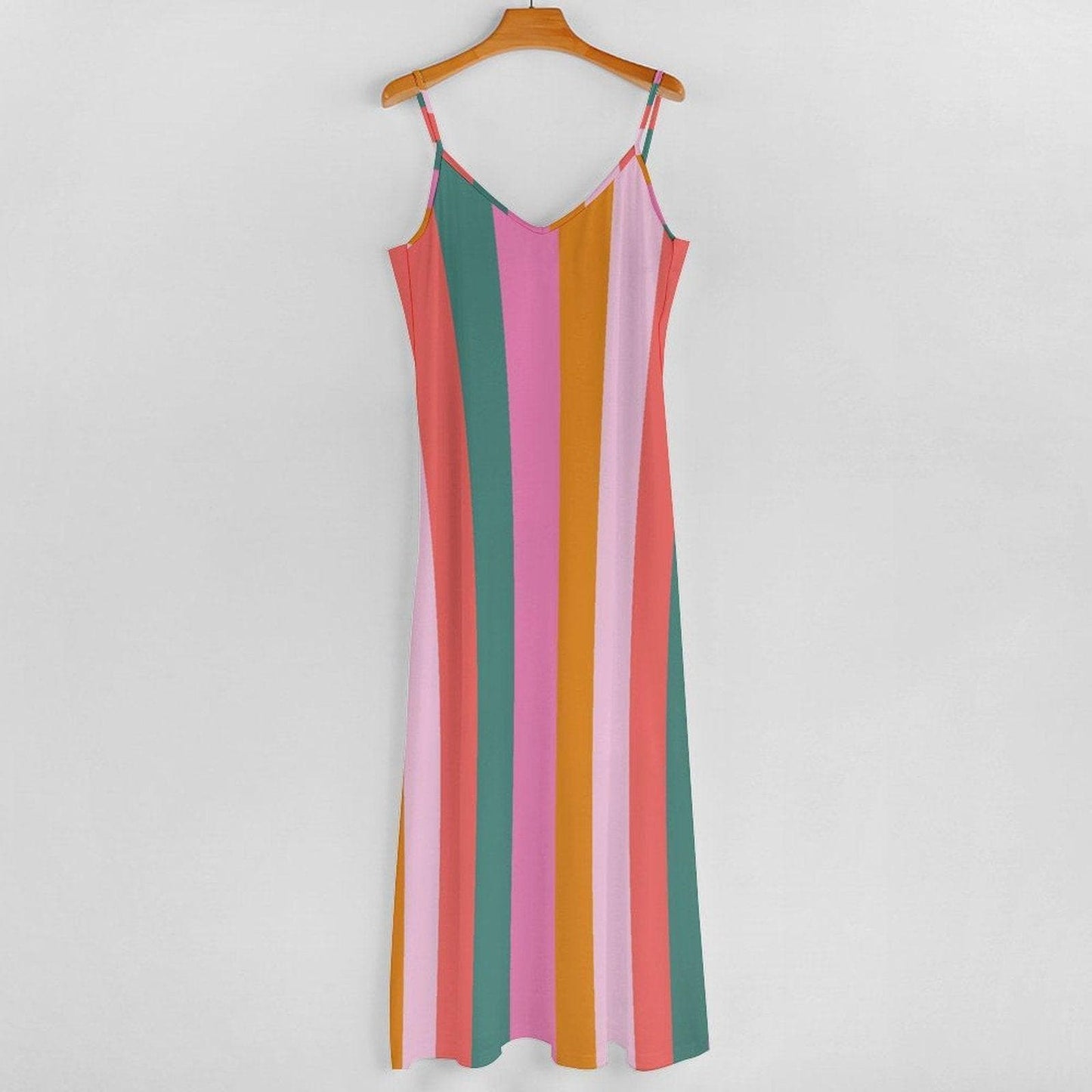 Pastel striped dress, dopamine rainbow look, pink aesthetic outfit, retro sundress for dopamine dressing, colorful cottage picnic wear