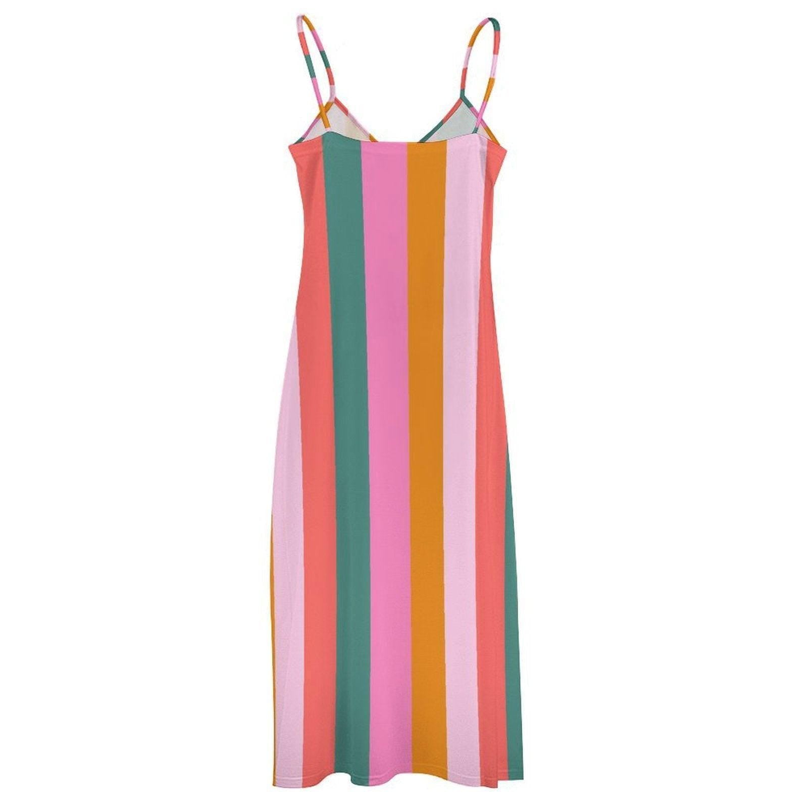 Pastel striped dress, dopamine rainbow look, pink aesthetic outfit, retro sundress for dopamine dressing, colorful cottage picnic wear