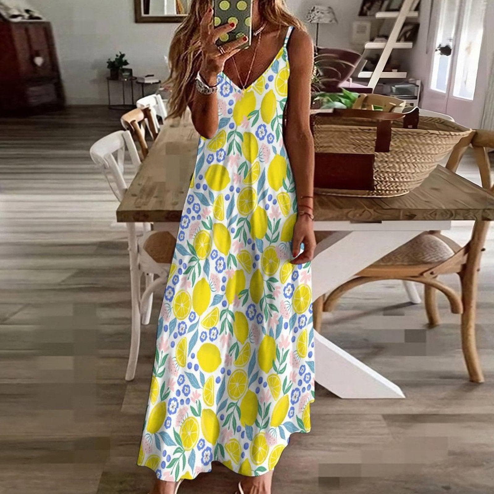 Lemon floral sundress, pastel fruit print dress, cottage summer outfit idea, dopamine fashion vibe, picnic brunch aesthetic clothing piece