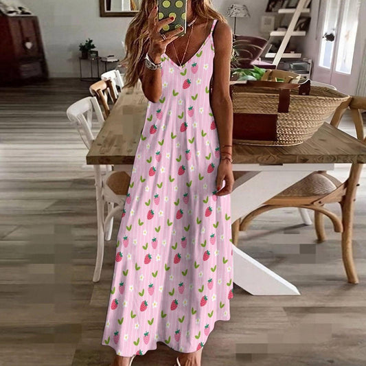 Strawberry Pink Maxi Dress, Cottagecore Dress with Daisies, Sweet Picnic Soft Girl Outfit, Fairycore Aesthetic Summer Look, Kawaii Style